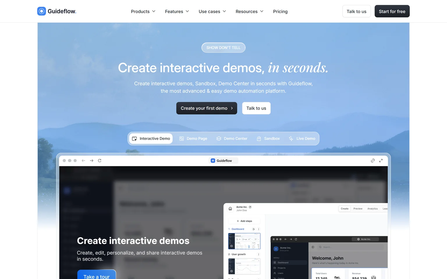 Guideflow homepage with the headline Create interactive demos, in seconds