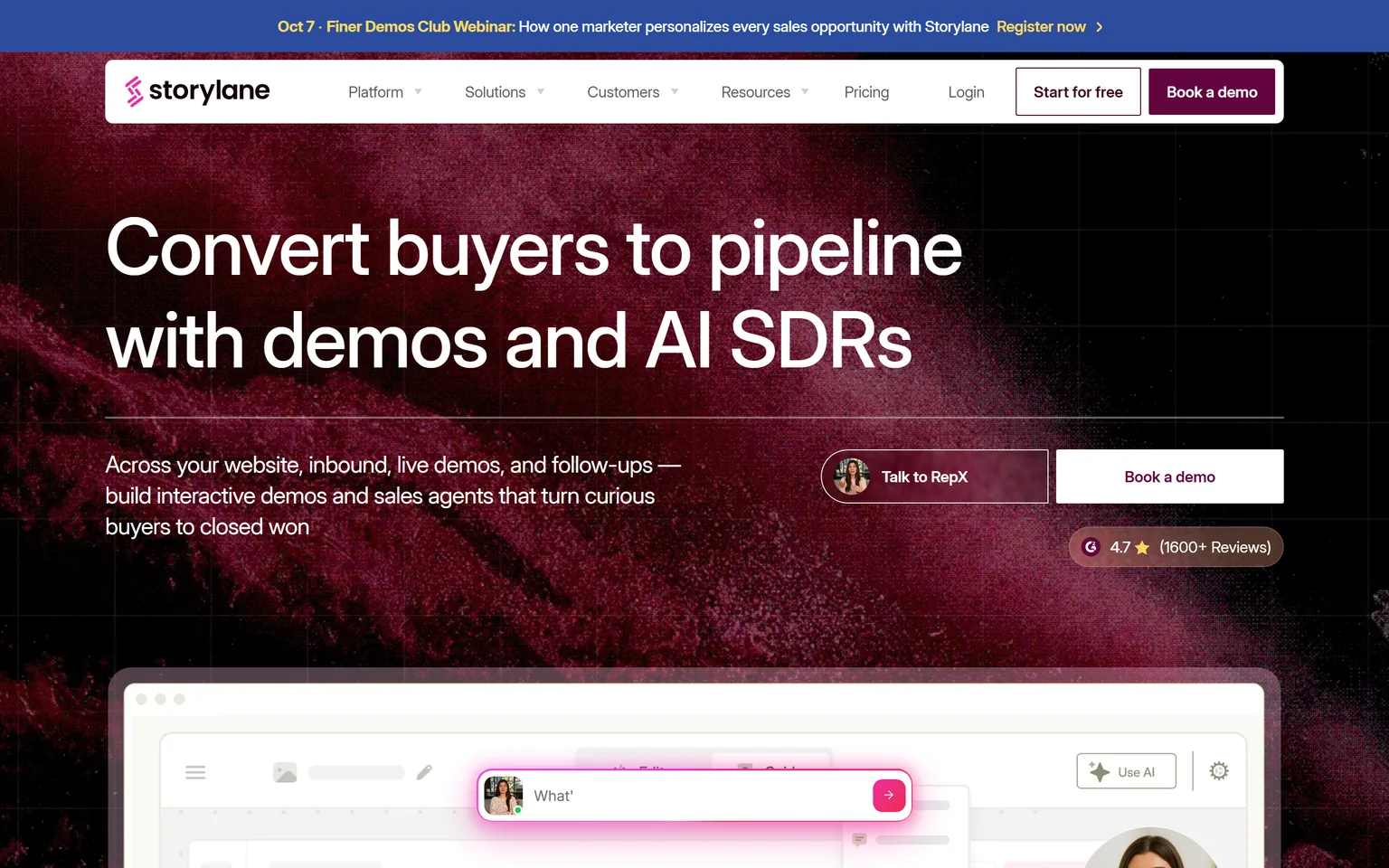 Storylane homepage with the headline Convert buyers to pipeline with demos and AI SDRs