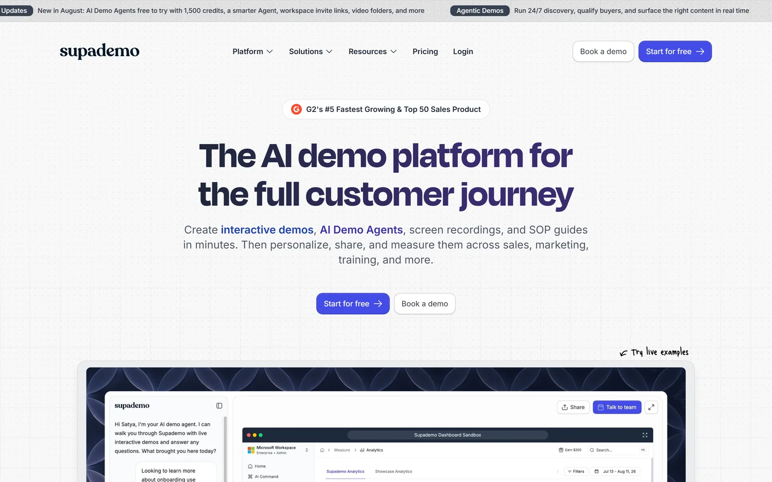 Supademo homepage with the headline The AI demo platform for the full customer journey