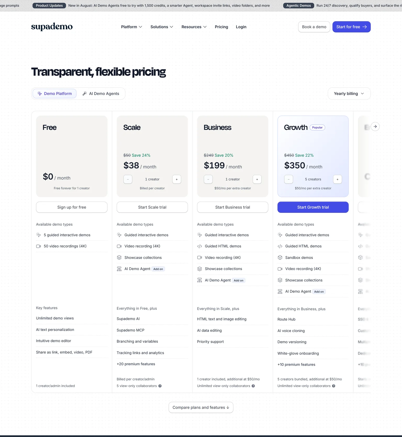 Supademo pricing page showing the Free, Scale, Business and Growth plans with yearly billing
