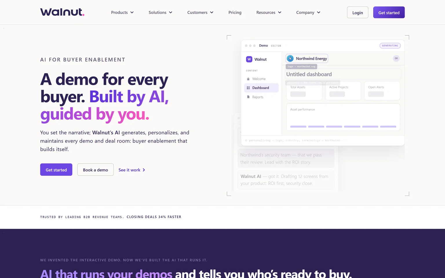 Walnut homepage with the headline A demo for every buyer, built by AI, guided by you