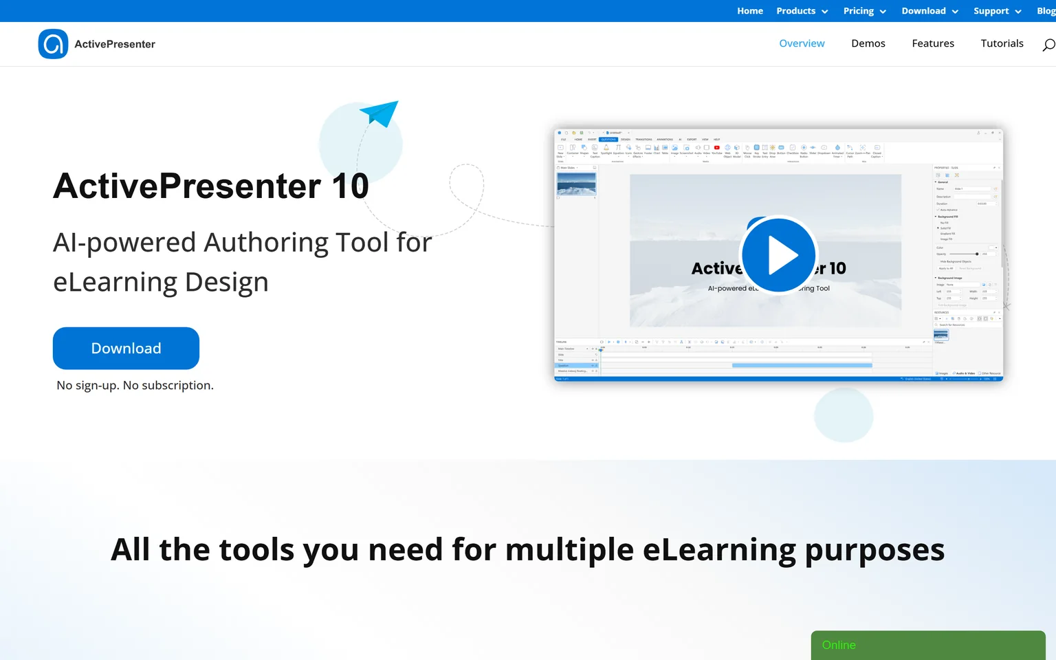 ActivePresenter homepage with the headline ActivePresenter 10, AI-powered Authoring Tool for eLearning Design