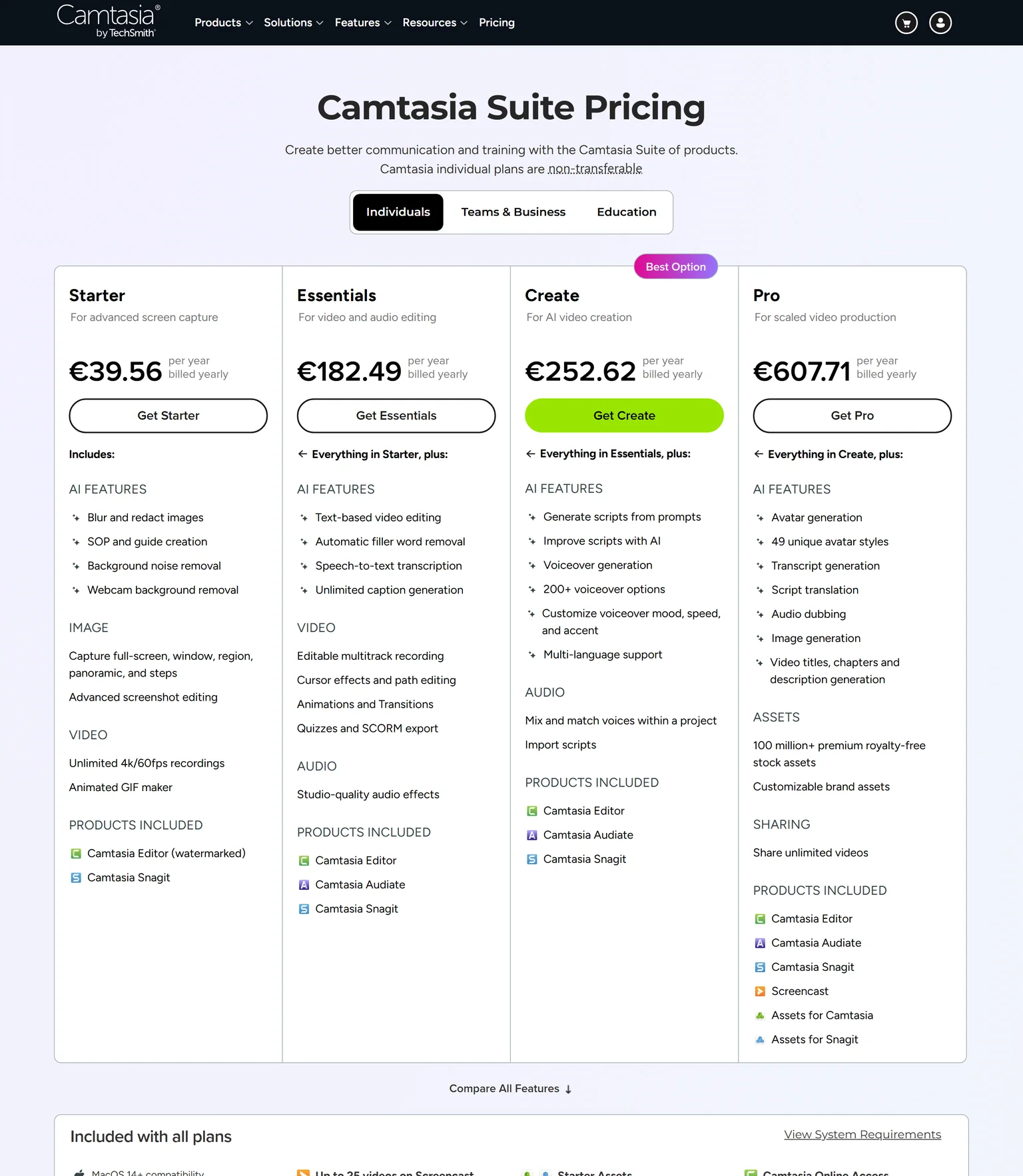 Camtasia Suite pricing page showing the Starter, Essentials, Create and Pro plans with yearly prices in euros