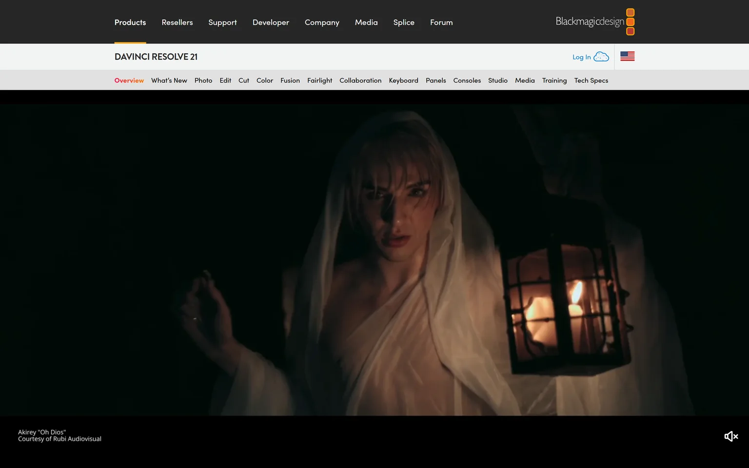 DaVinci Resolve product page with a full-screen film still
