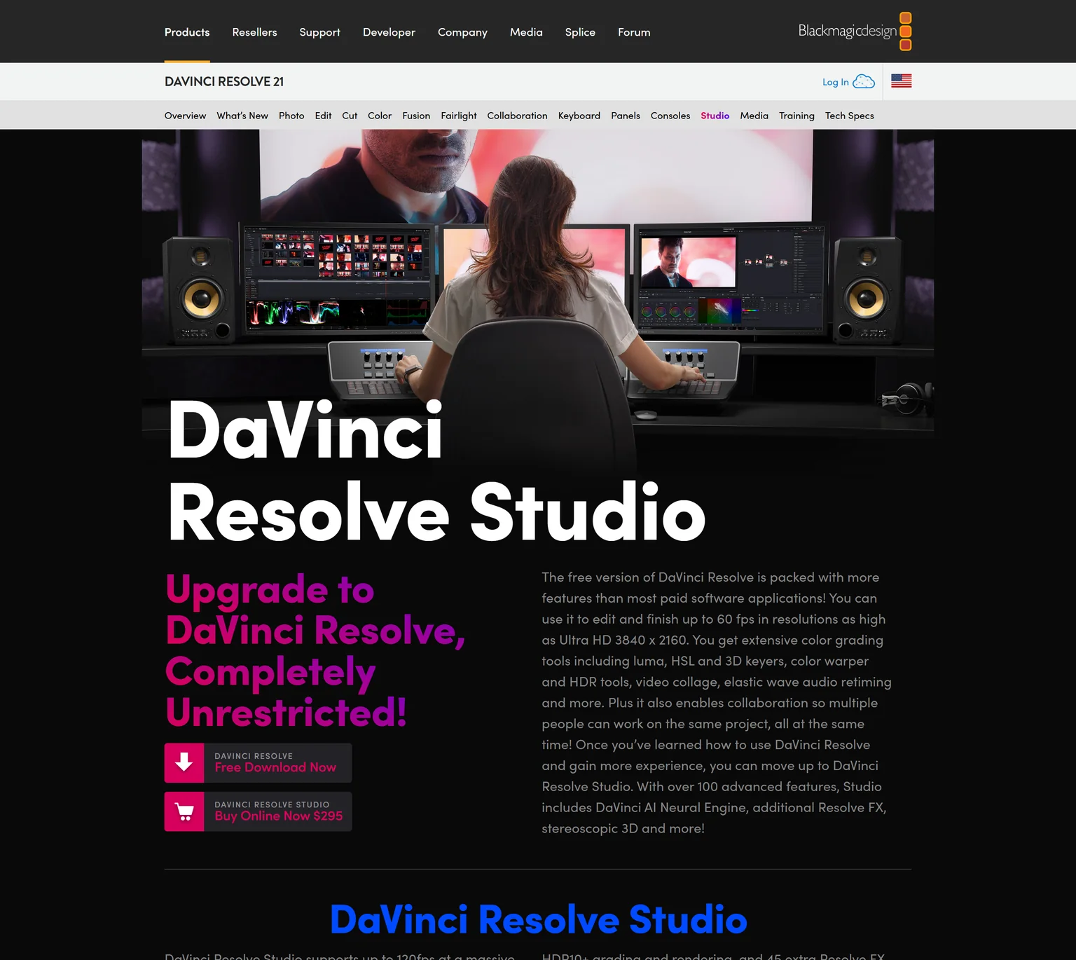 DaVinci Resolve Studio page with buttons for the free download and the Studio purchase
