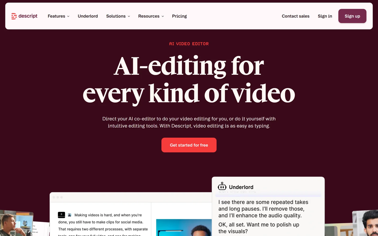 Descript homepage with the headline AI-editing for every kind of video