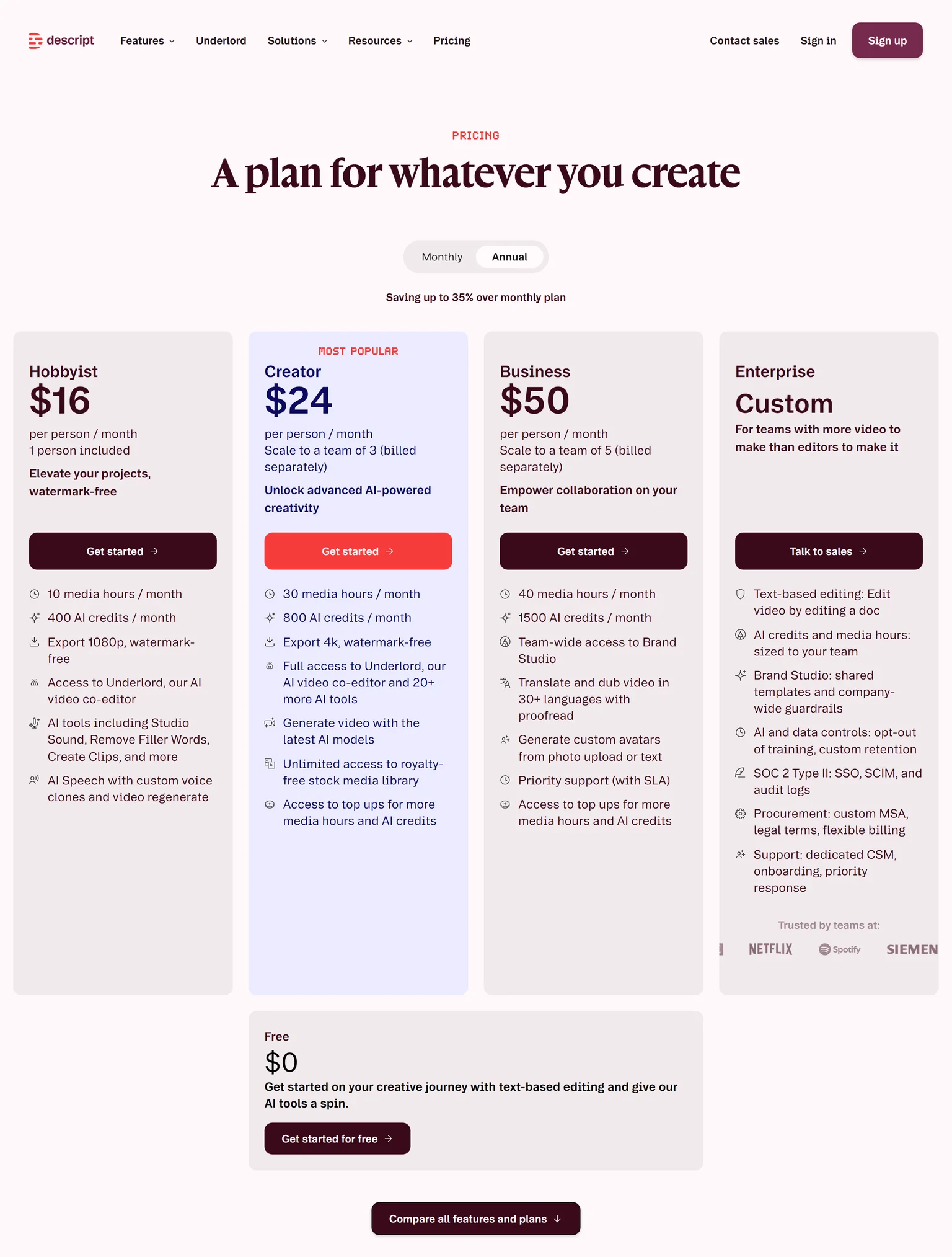 Descript pricing page showing the Hobbyist, Creator, Business, Enterprise and Free plans with annual billing