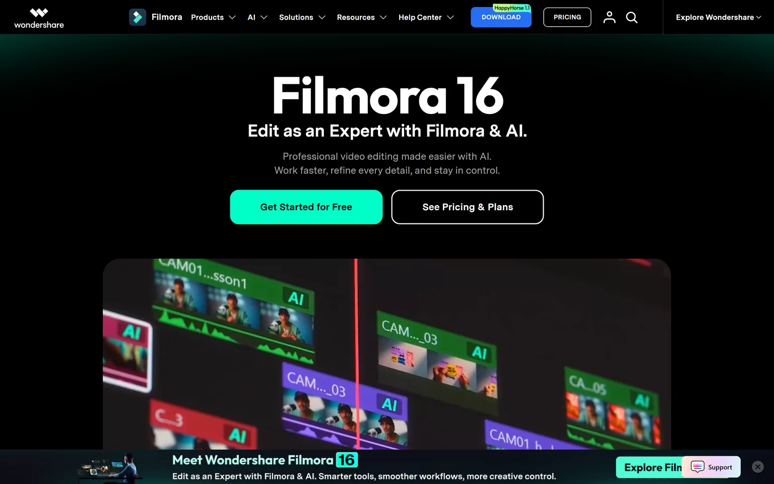 Filmora homepage with the headline Filmora 16, Edit as an Expert with Filmora and AI