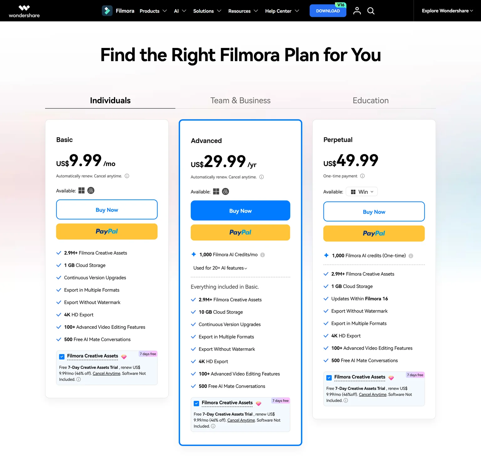 Filmora pricing page showing the Basic, Advanced and Perpetual plans for individuals
