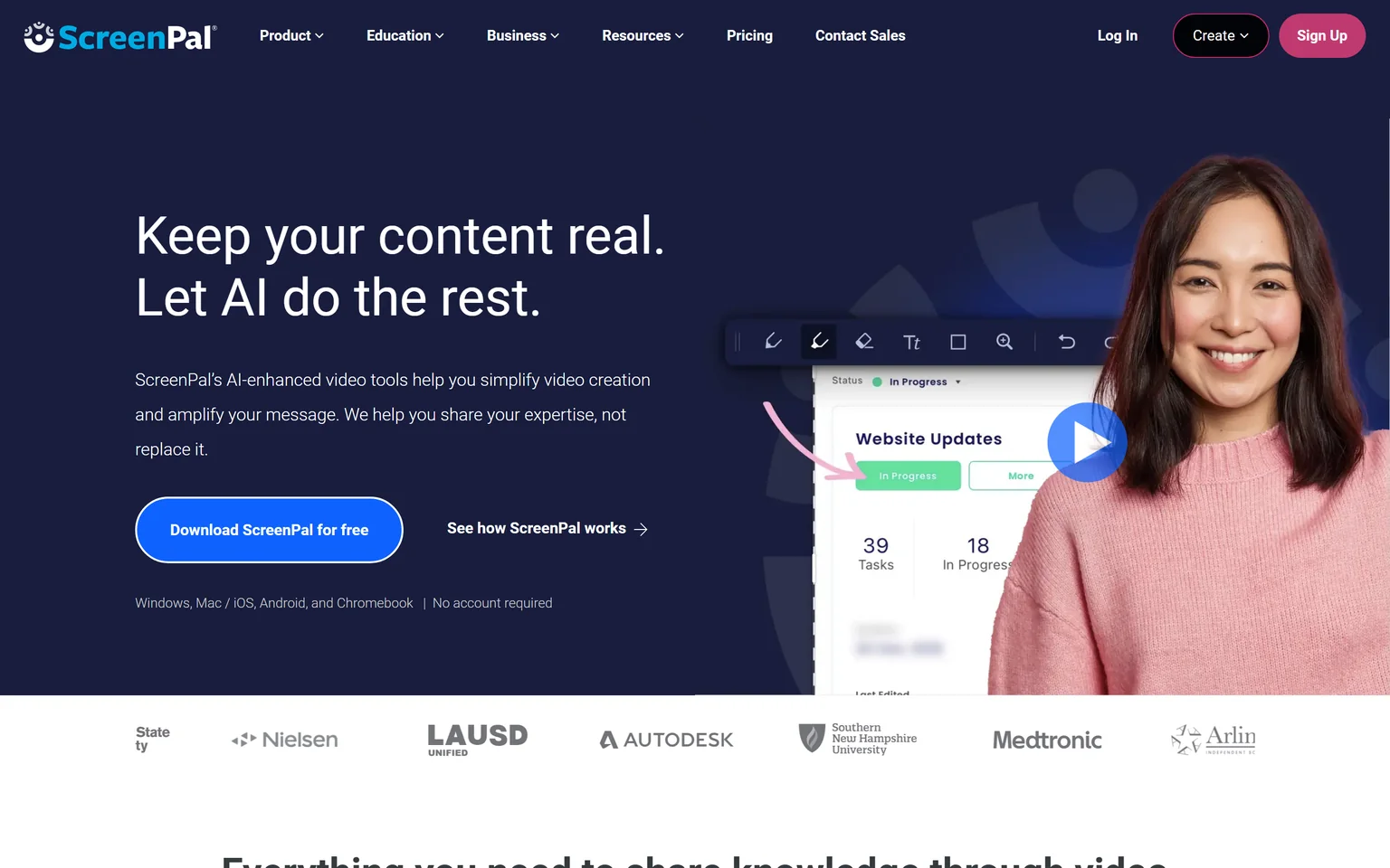 ScreenPal homepage with the headline Keep your content real. Let AI do the rest