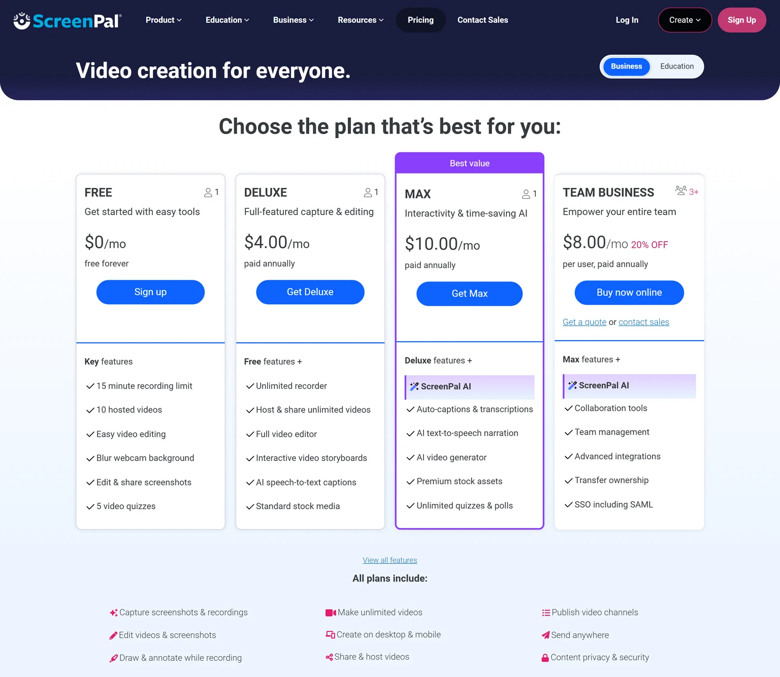 ScreenPal plans page showing the Free, Deluxe, Max and Team Business plans