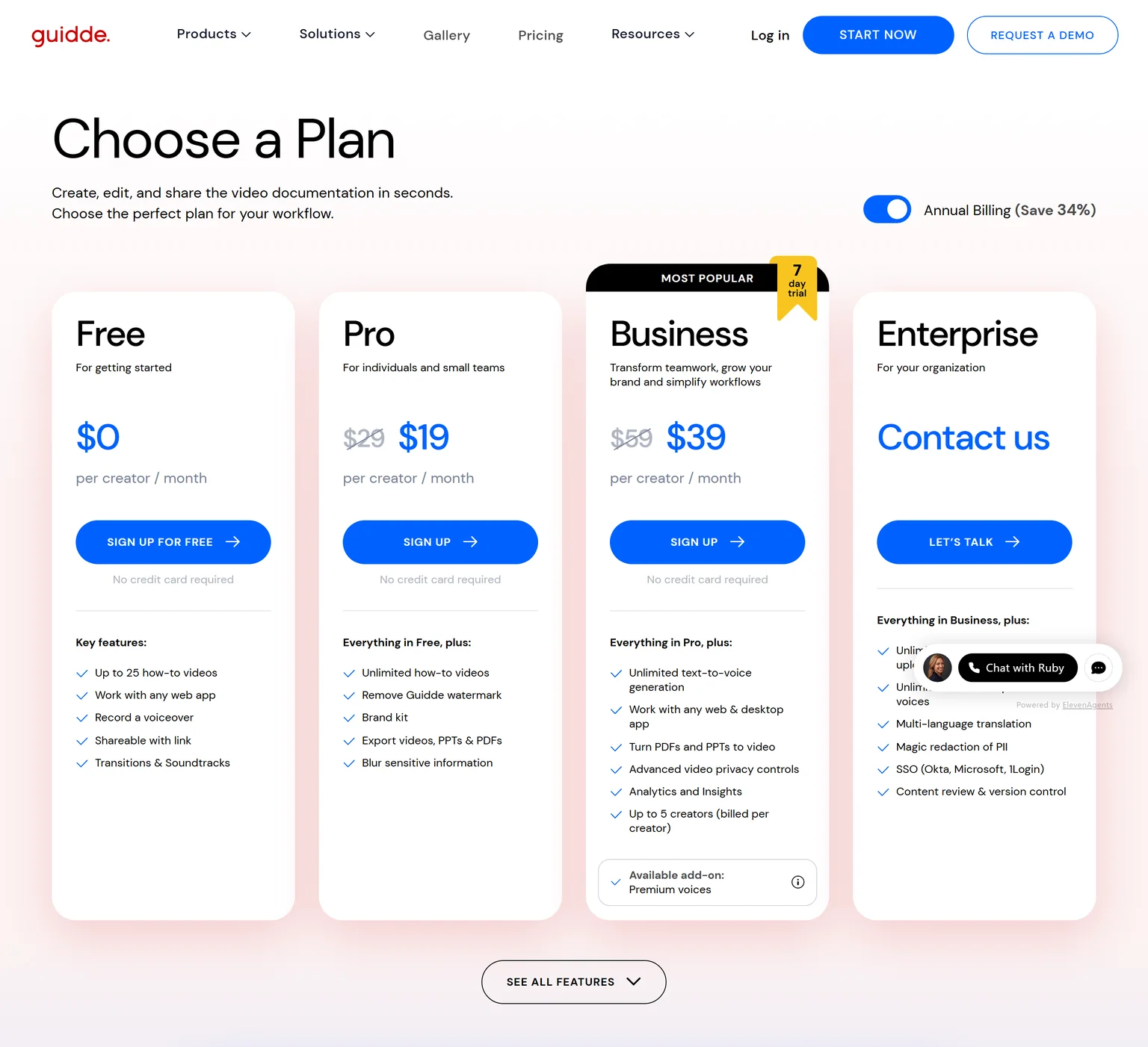 Guidde pricing page showing the Free, Pro, Business and Enterprise plans with annual billing selected