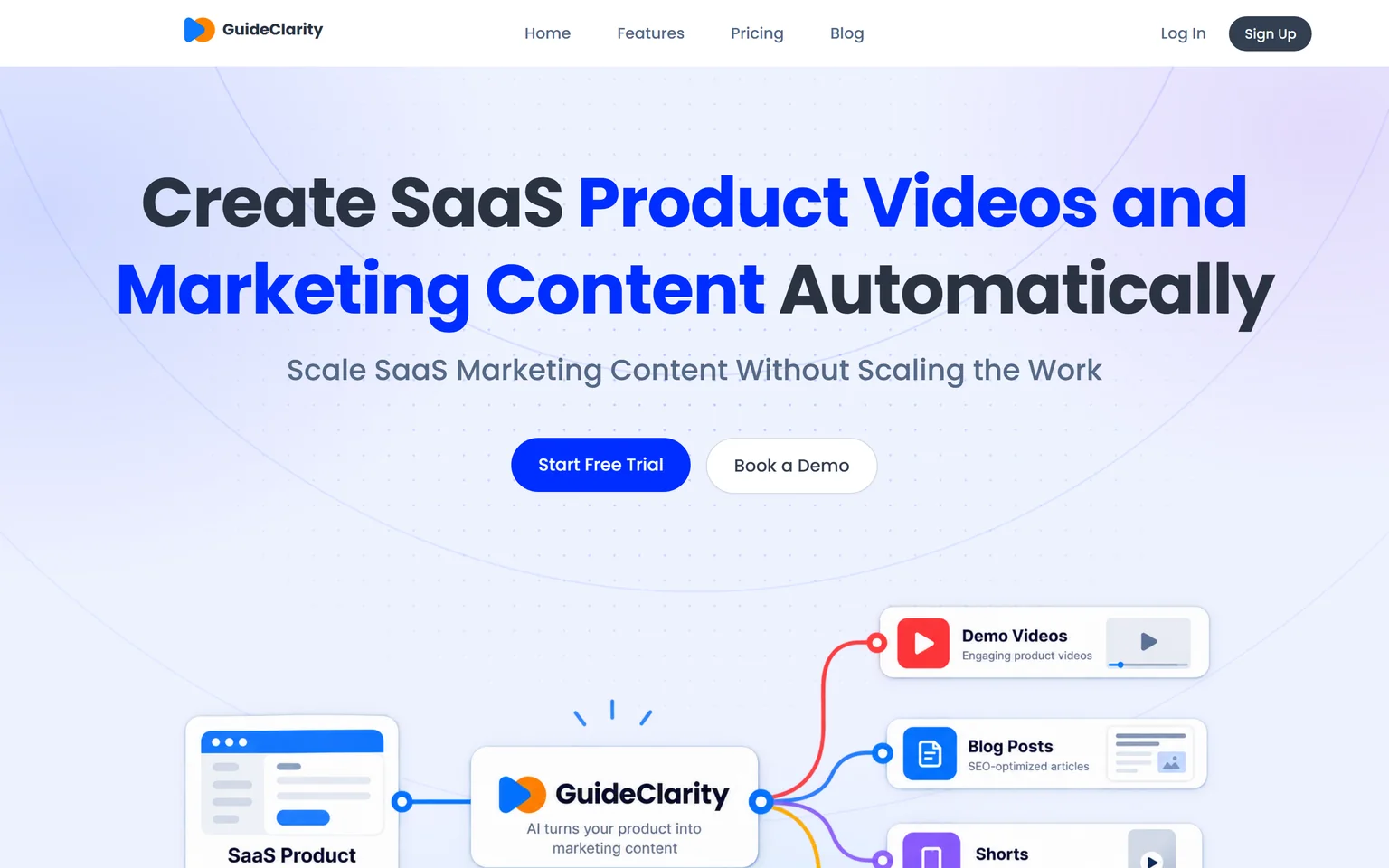 GuideClarity homepage with the headline Create SaaS Product Videos and Marketing Content Automatically