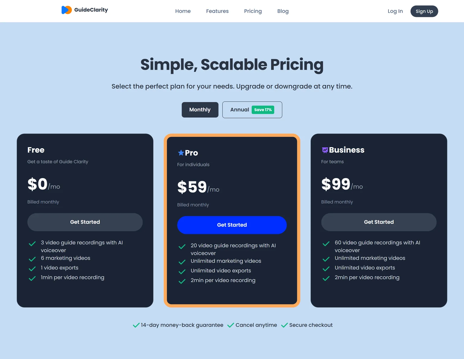 GuideClarity pricing page with the Free, Pro and Business plans