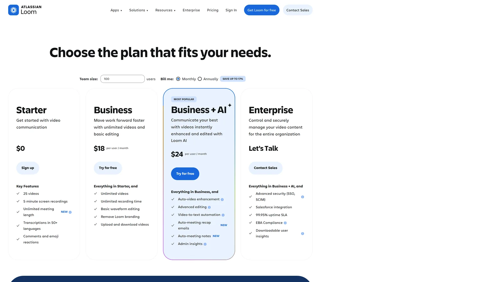 Loom pricing page showing the Starter, Business, Business + AI and Enterprise plans