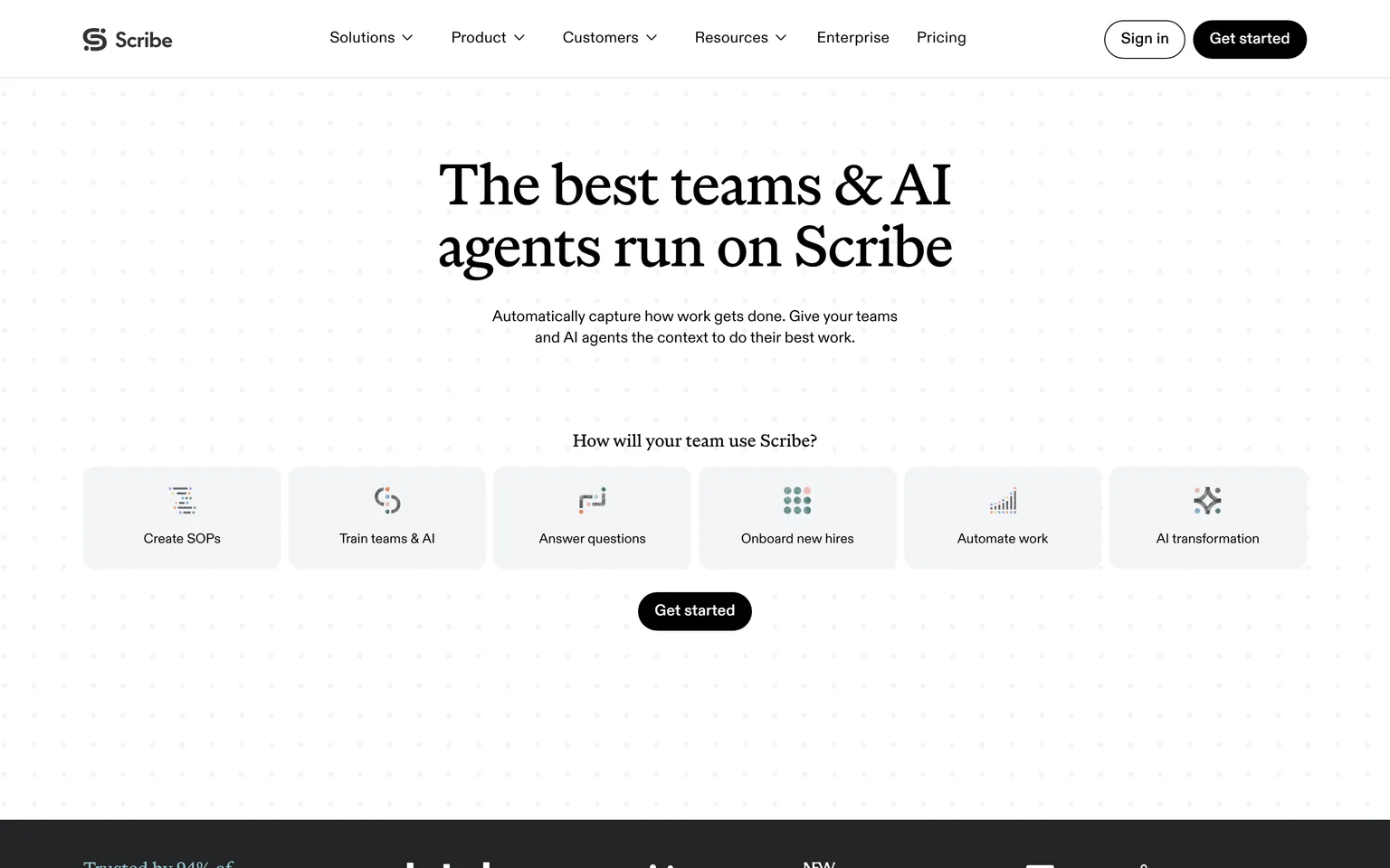 Scribe homepage with the headline The best teams and AI agents run on Scribe