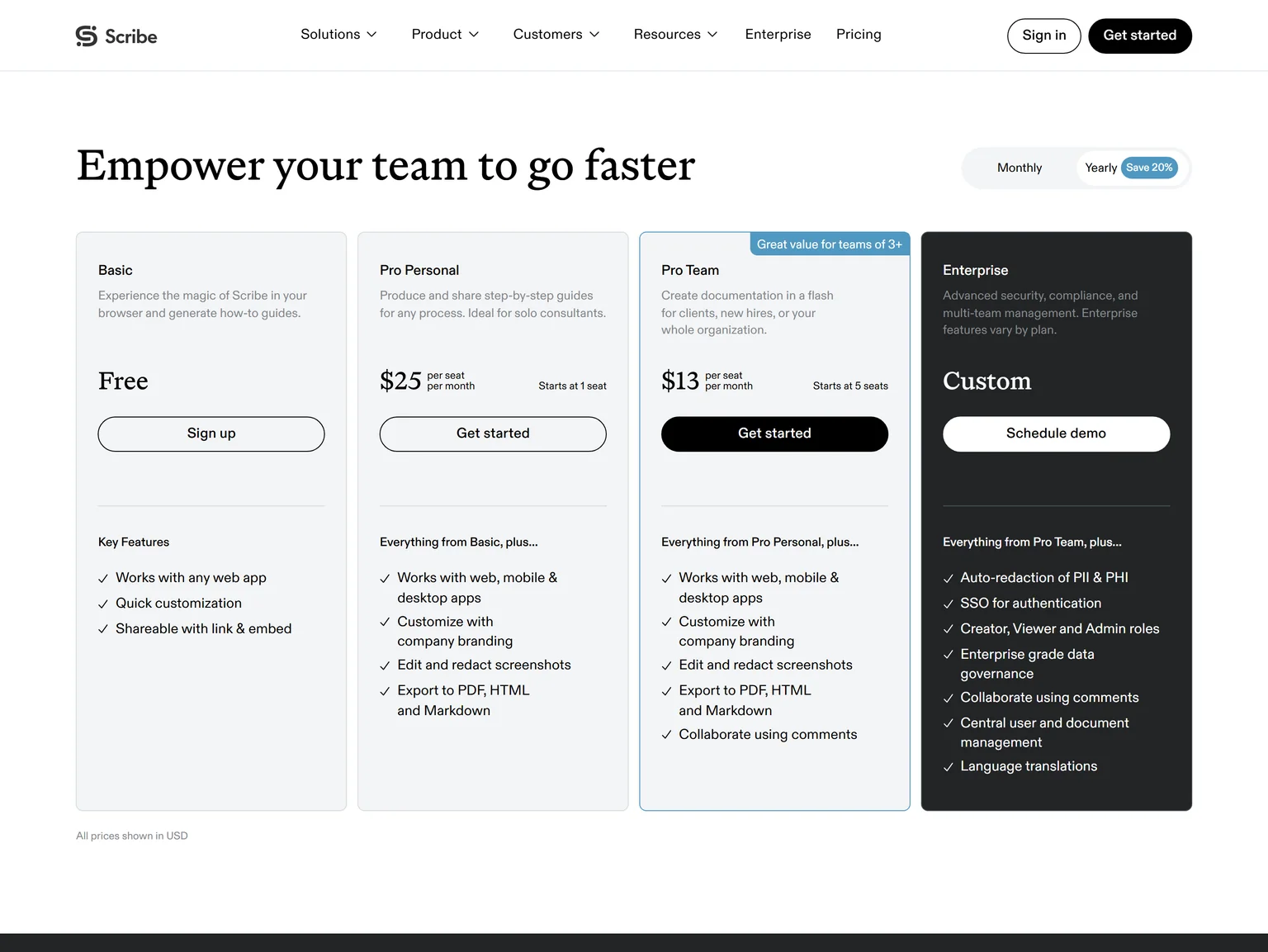 Scribe pricing page showing the Basic, Pro Personal, Pro Team and Enterprise plans