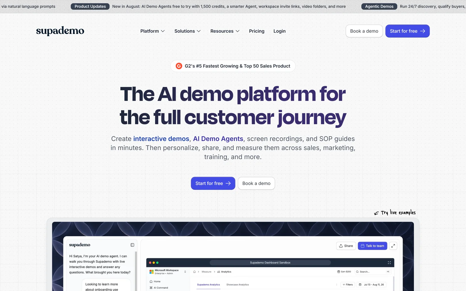 Supademo homepage with the headline The AI demo platform for the full customer journey