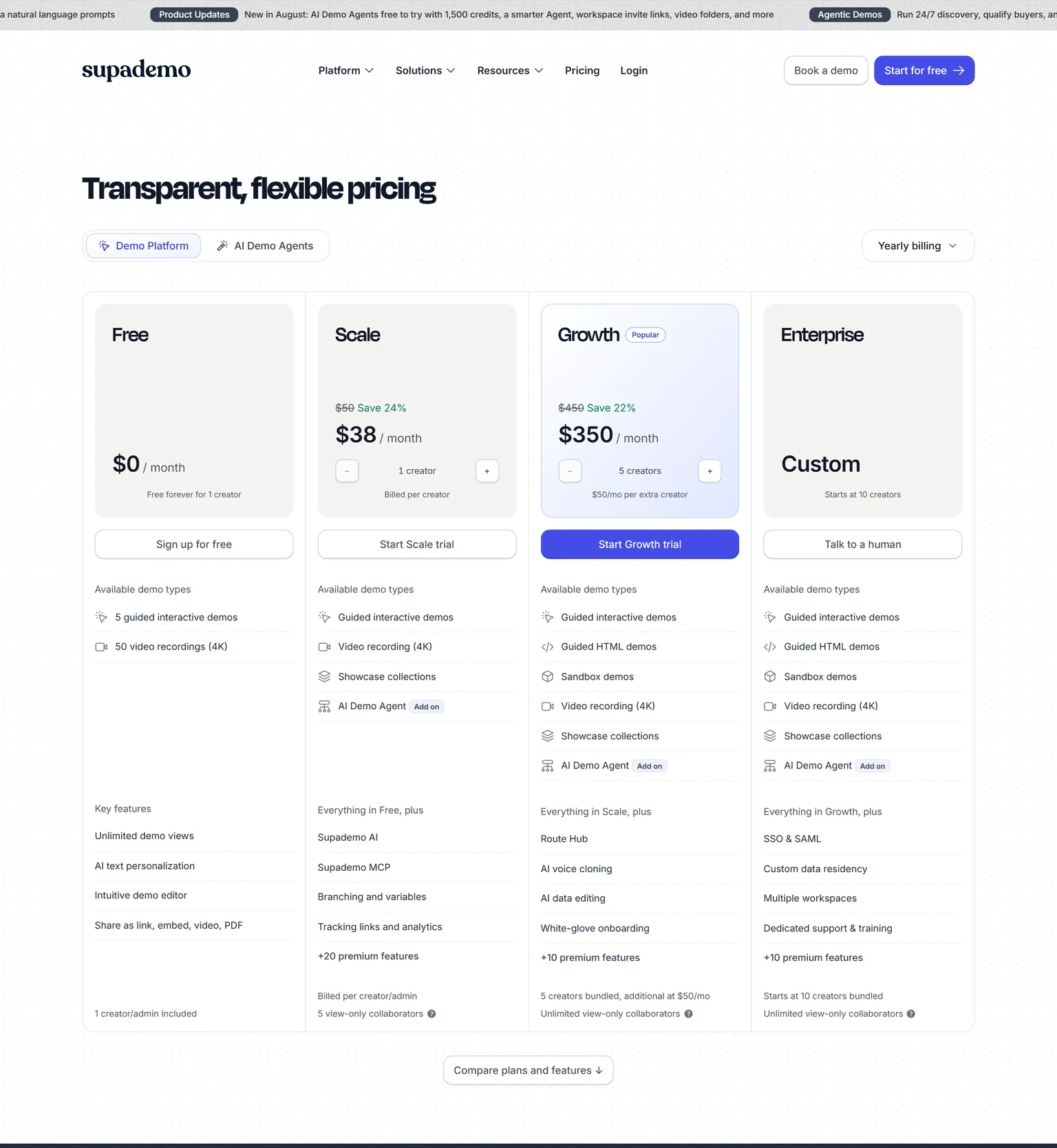 Supademo pricing page showing the Free, Scale, Growth and Enterprise plans with yearly billing