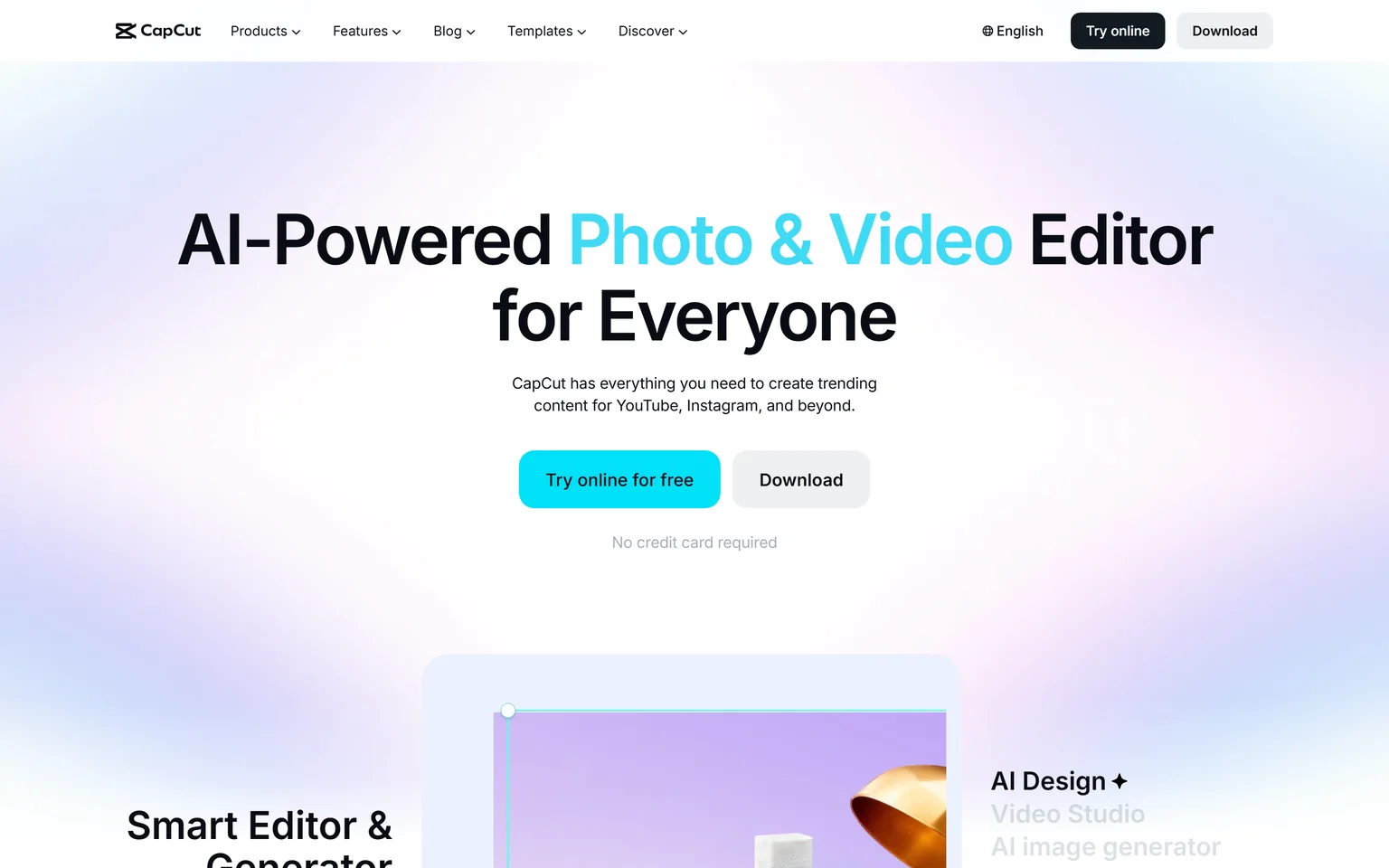 CapCut homepage with the headline AI-Powered Photo and Video Editor for Everyone