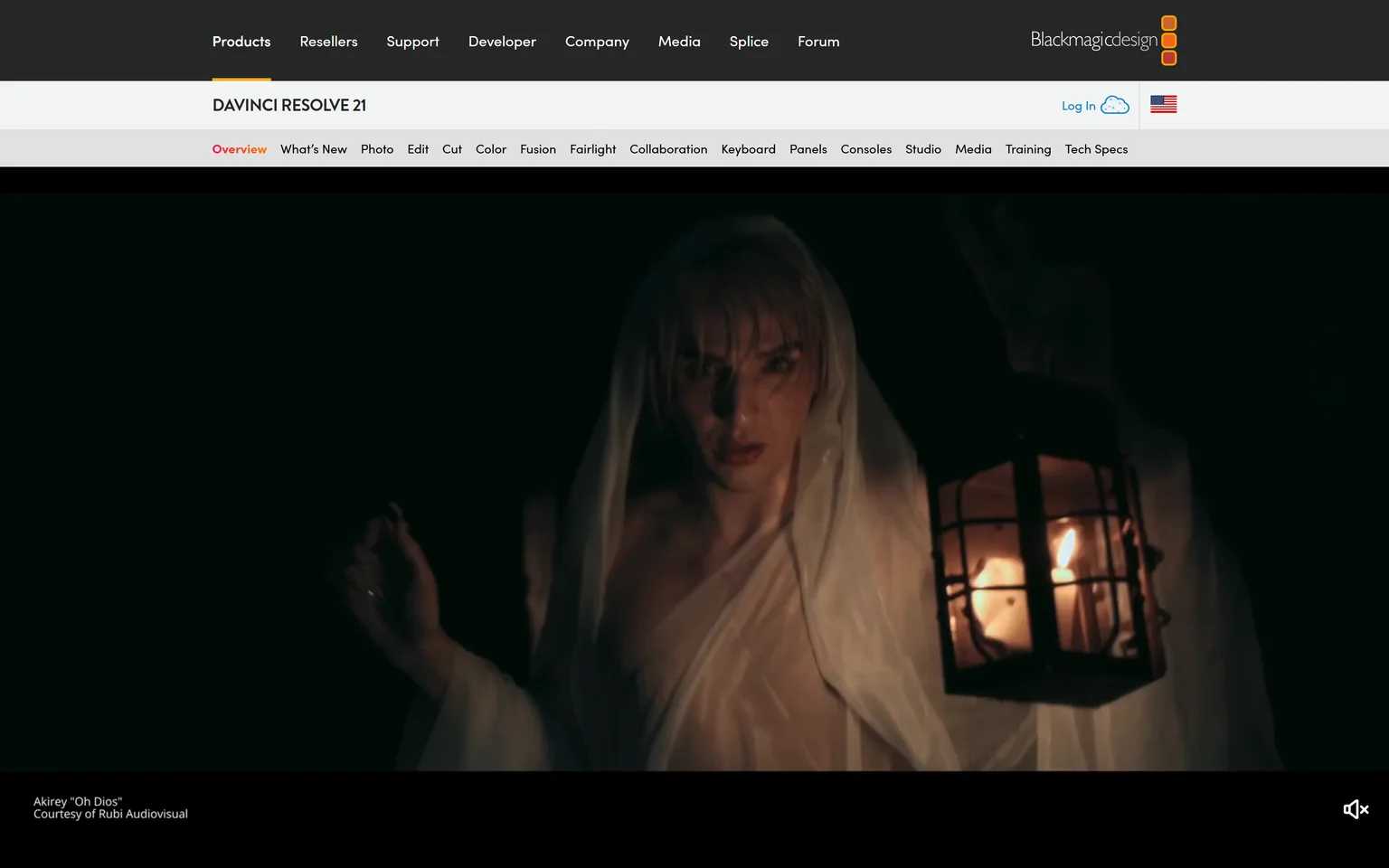 DaVinci Resolve product page with a full-screen film still under the DaVinci Resolve menu bar