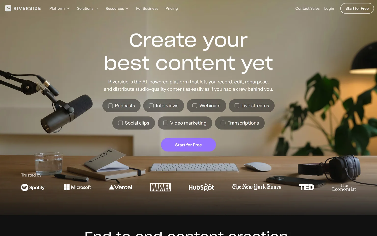 Riverside homepage with the headline Create your best content yet