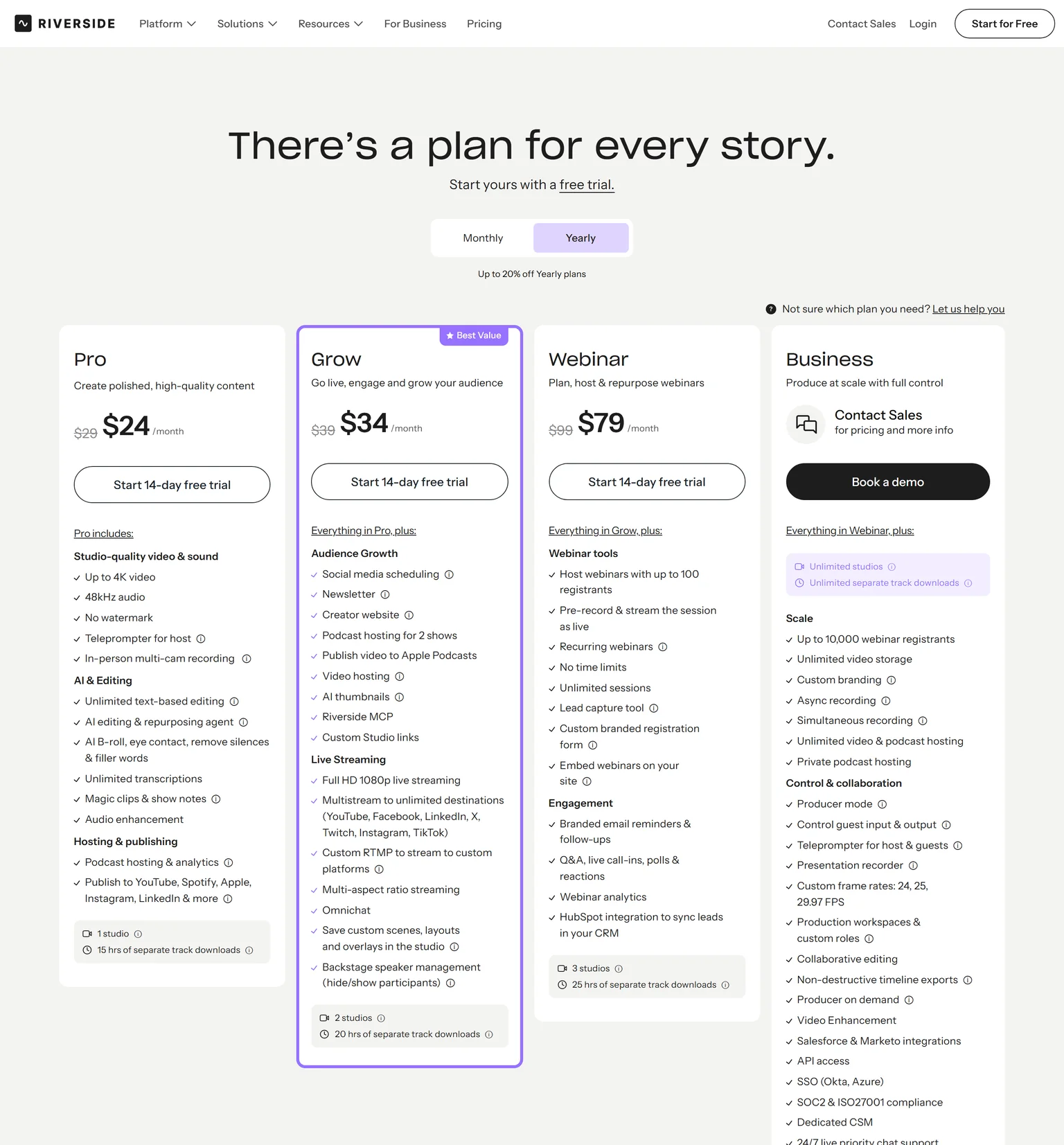 Riverside pricing page showing the Pro, Grow, Webinar and Business plans with yearly billing selected