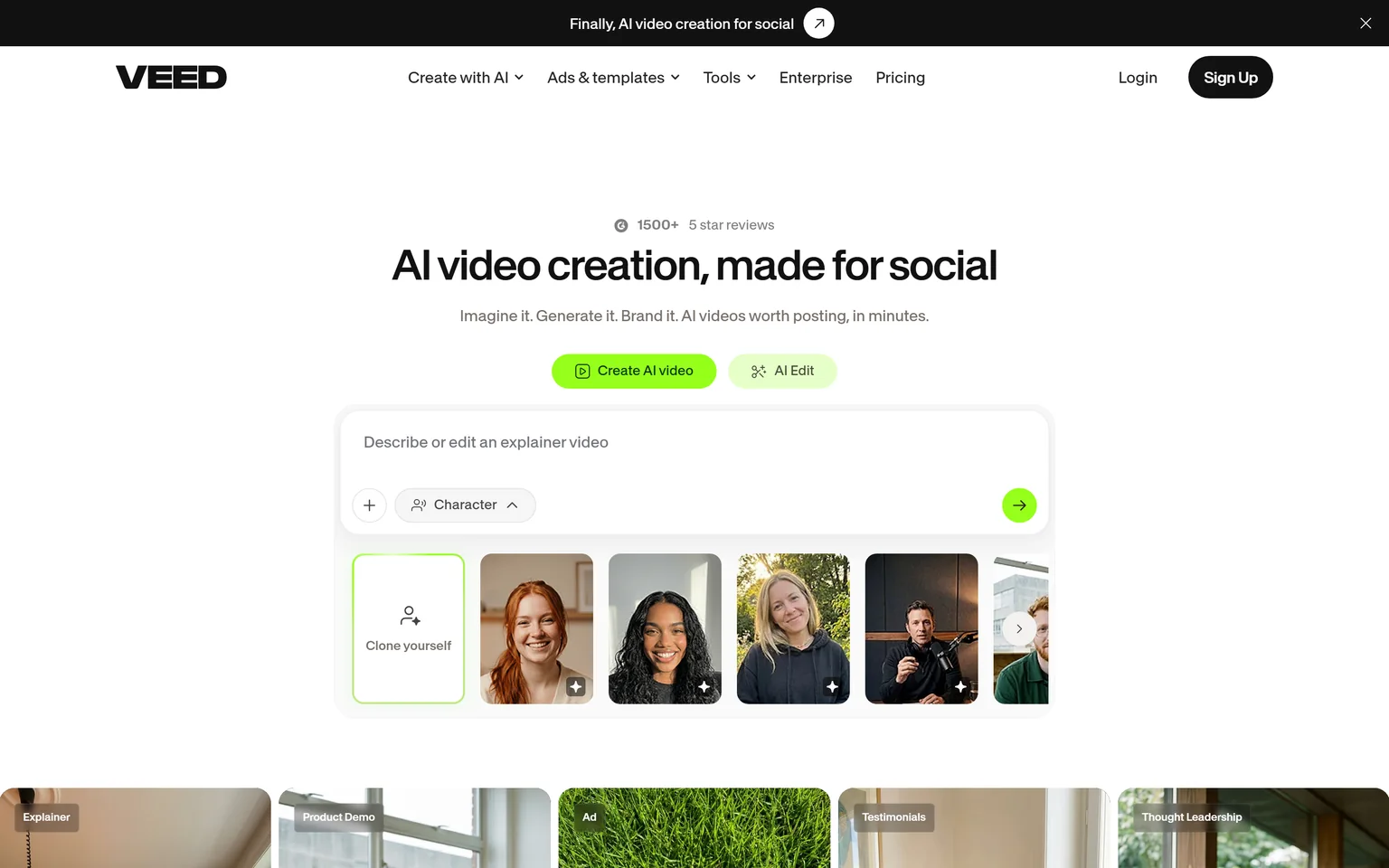 VEED homepage with the headline AI video creation, made for social