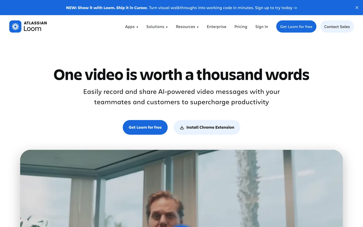 Loom homepage with the headline One video is worth a thousand words