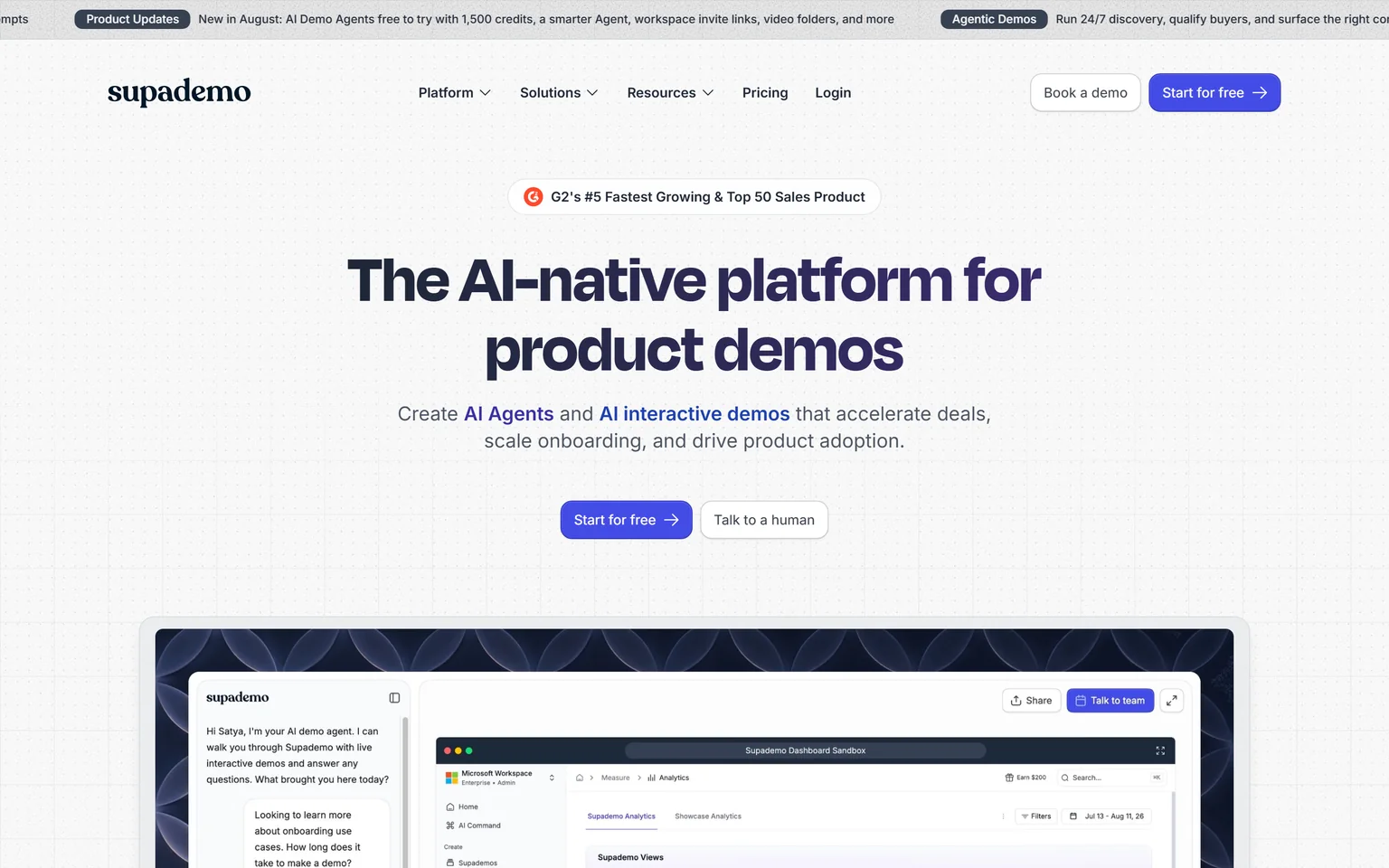 Supademo homepage with the headline The AI demo platform for the full customer journey