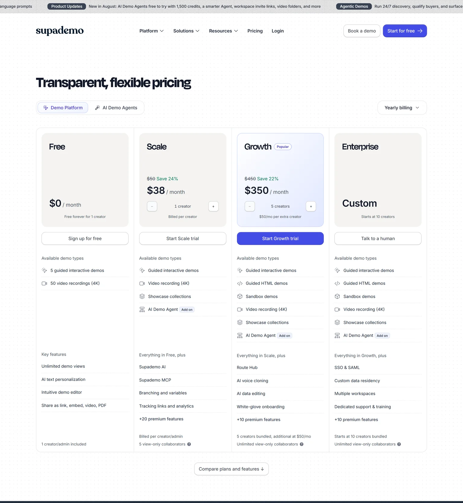 Supademo pricing page showing the Free, Scale, Growth and Enterprise plans with yearly billing