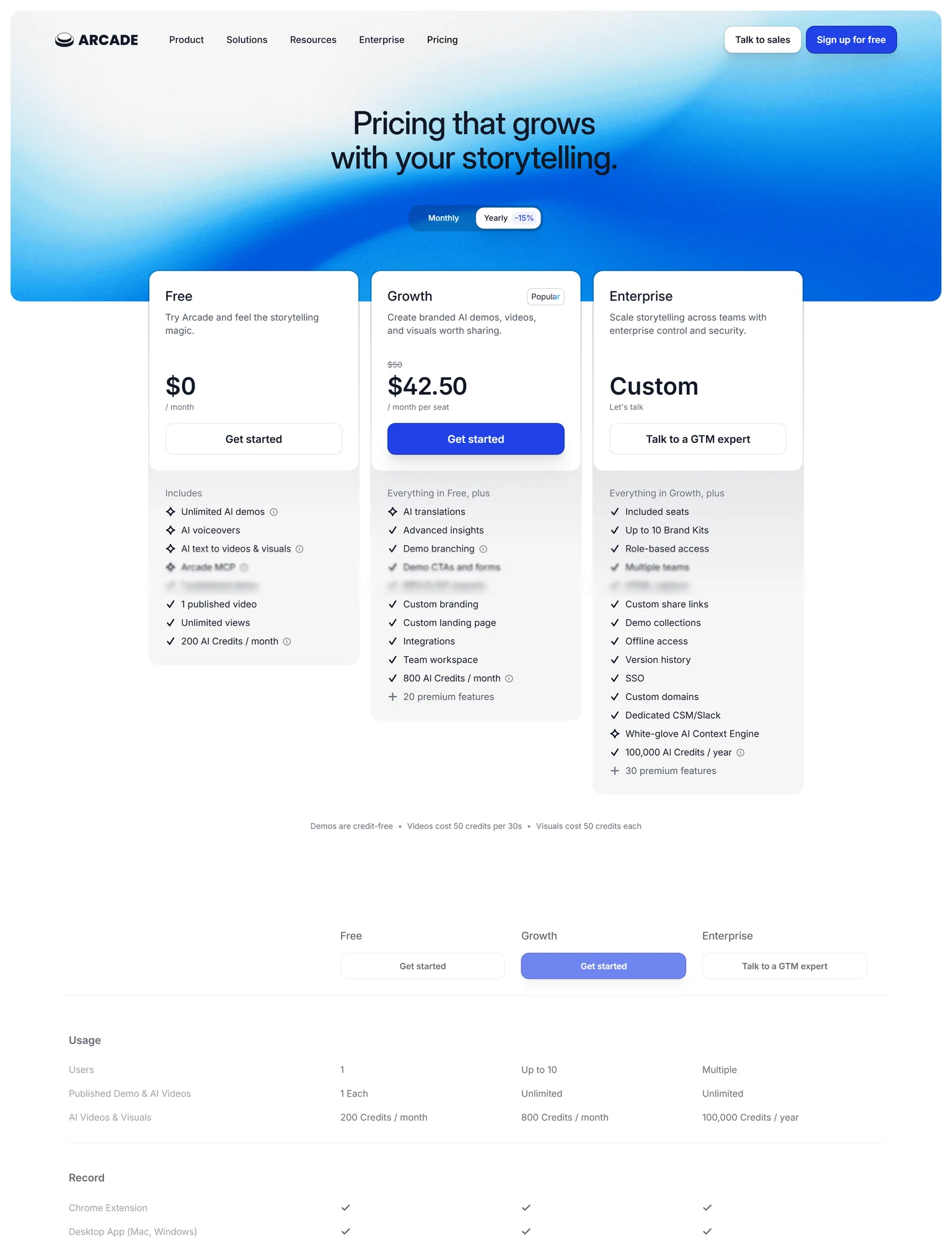 Arcade pricing page showing the Free, Growth and Enterprise plans with yearly billing
