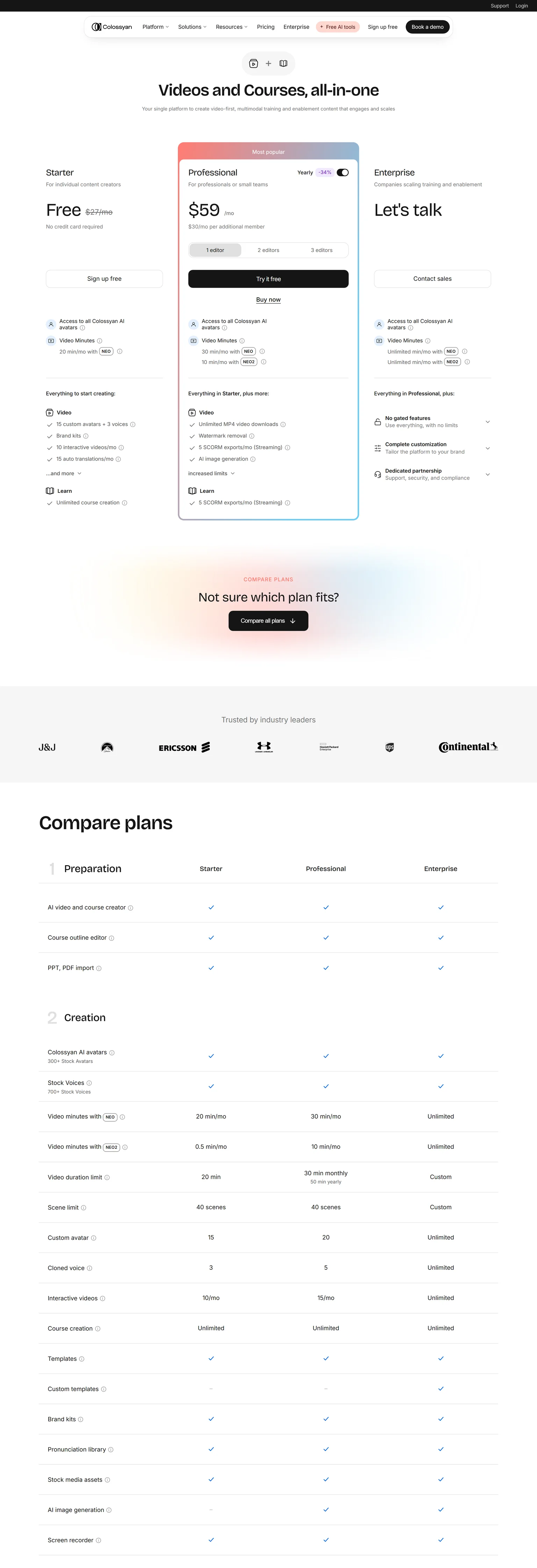Colossyan pricing page showing the Starter, Professional and Enterprise plans
