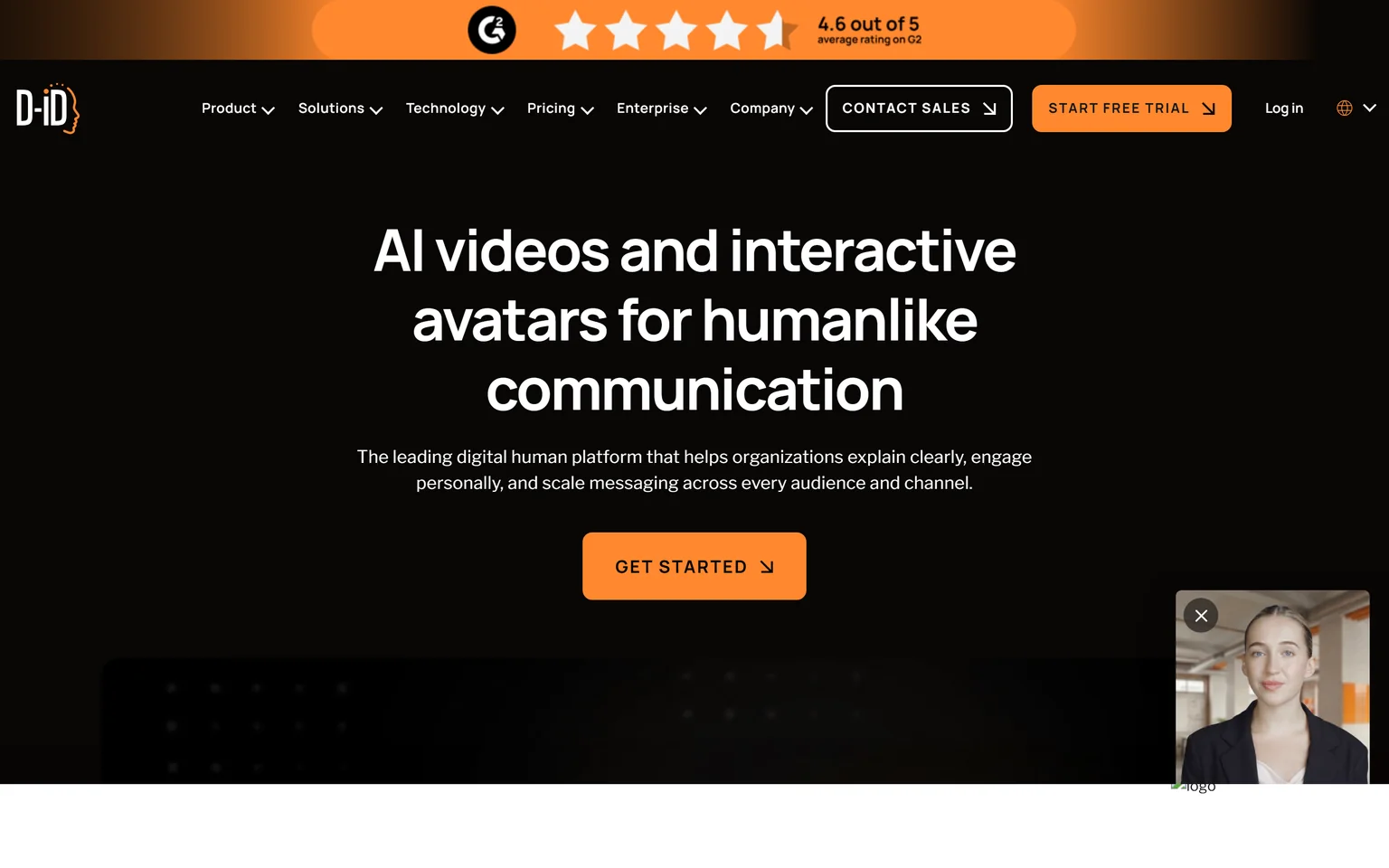 D-ID homepage with the headline AI videos and interactive avatars for humanlike communication