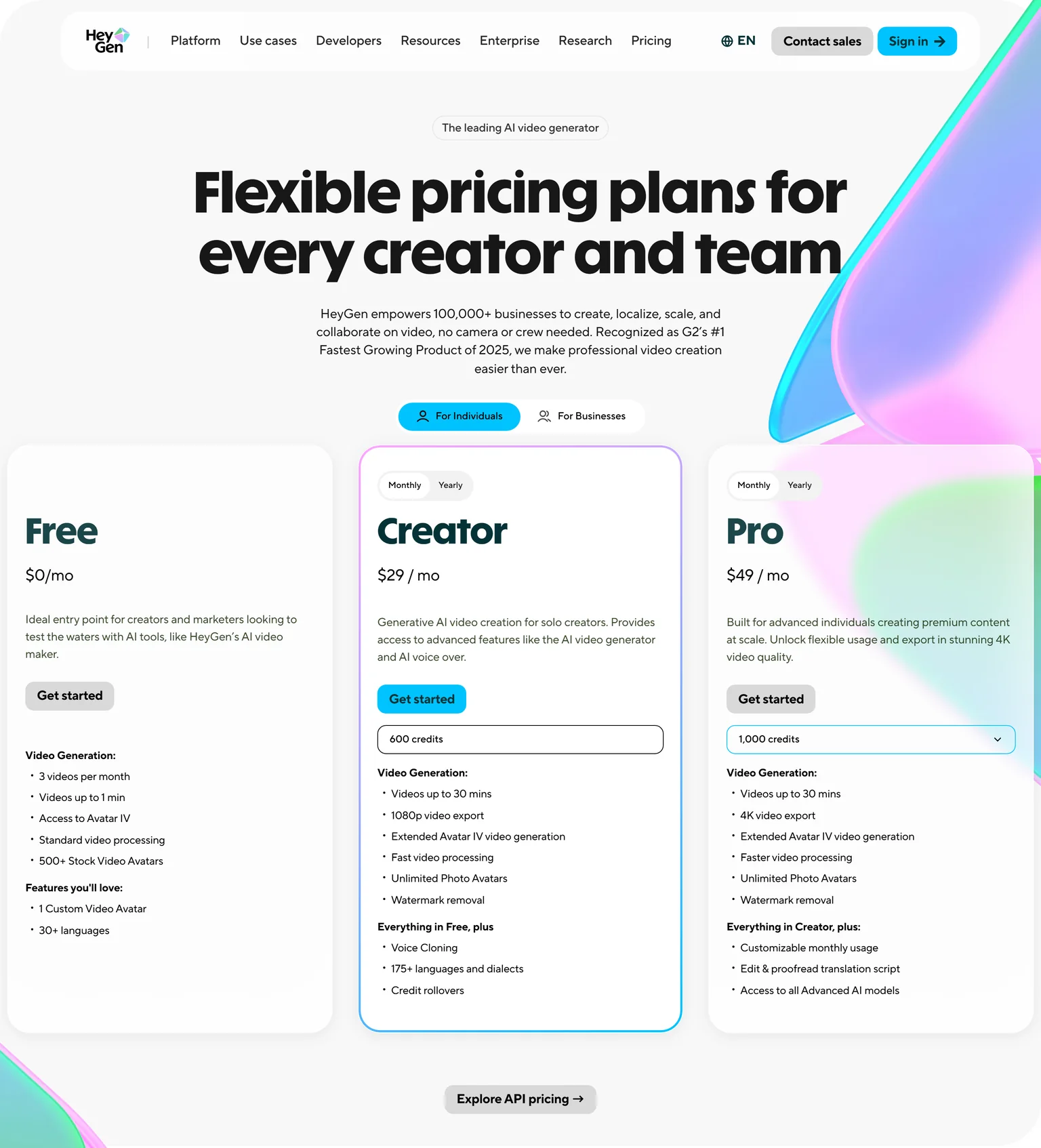 HeyGen pricing page showing the Free, Creator and Pro plans for individuals at monthly billing
