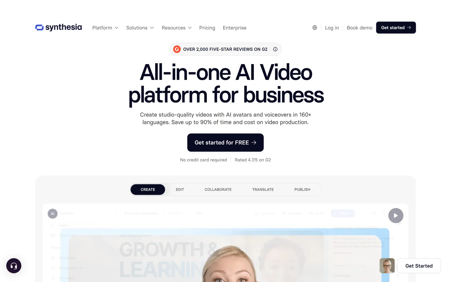 Synthesia homepage with the headline All-in-one AI Video platform for business