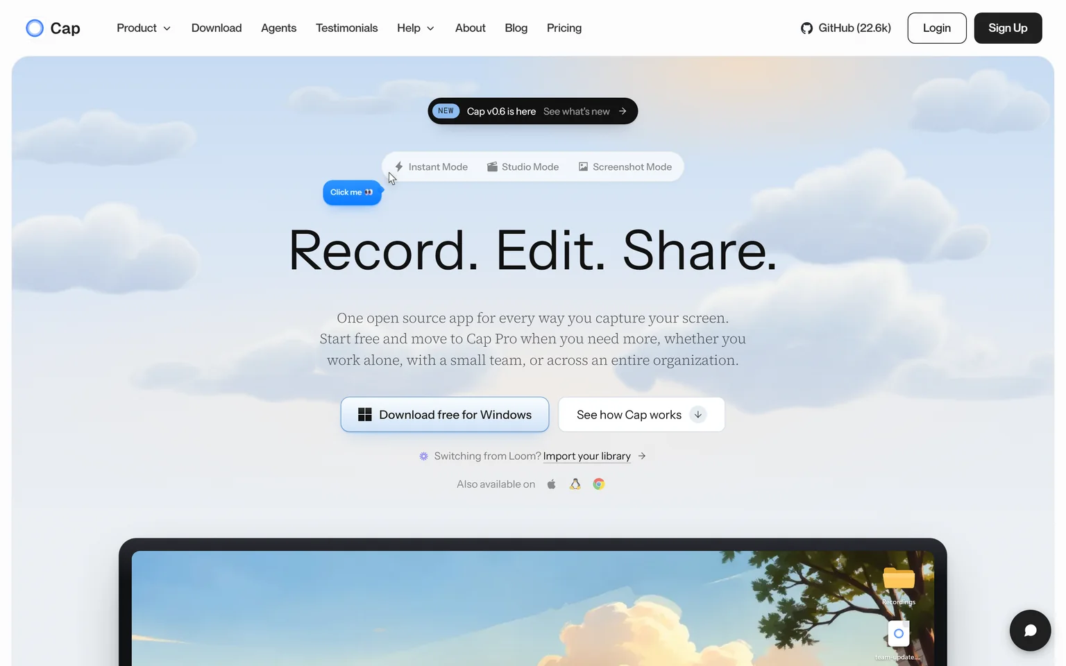Cap homepage with the headline Record. Edit. Share. and a link to import a Loom library