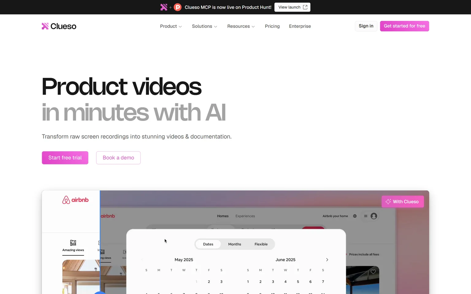 Clueso homepage with the headline Product videos in minutes with AI