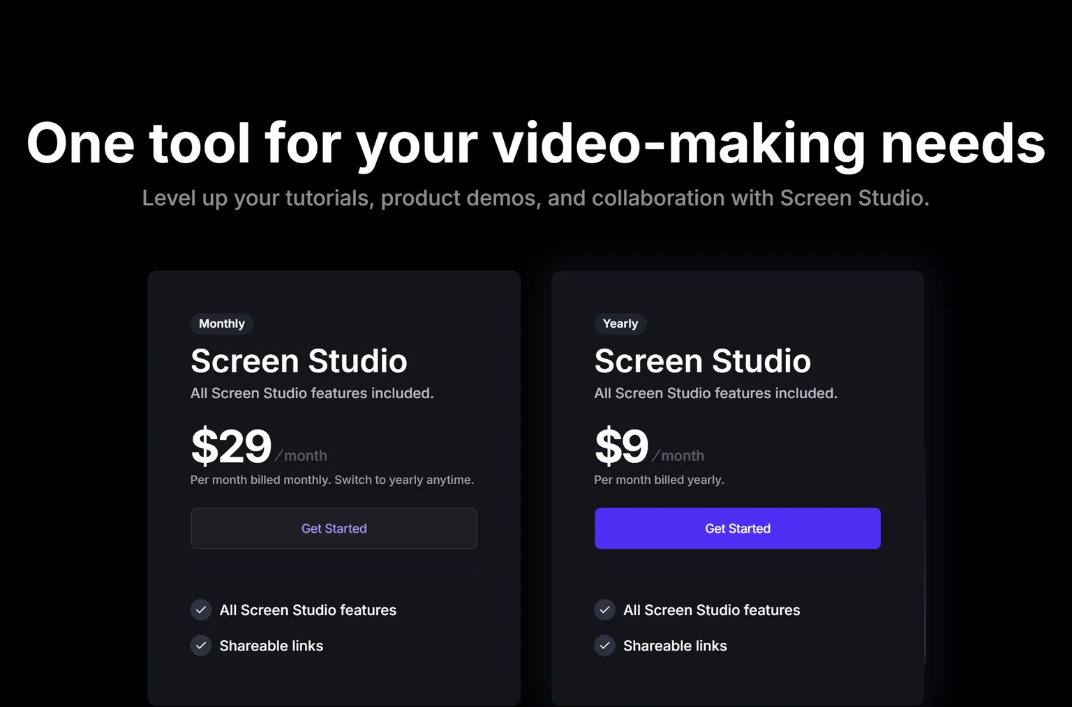 Screen Studio pricing block with the monthly and yearly plans