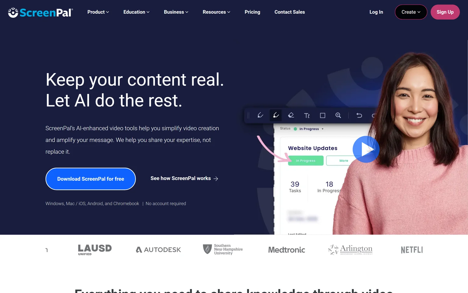 ScreenPal homepage with the headline Keep your content real. Let AI do the rest.