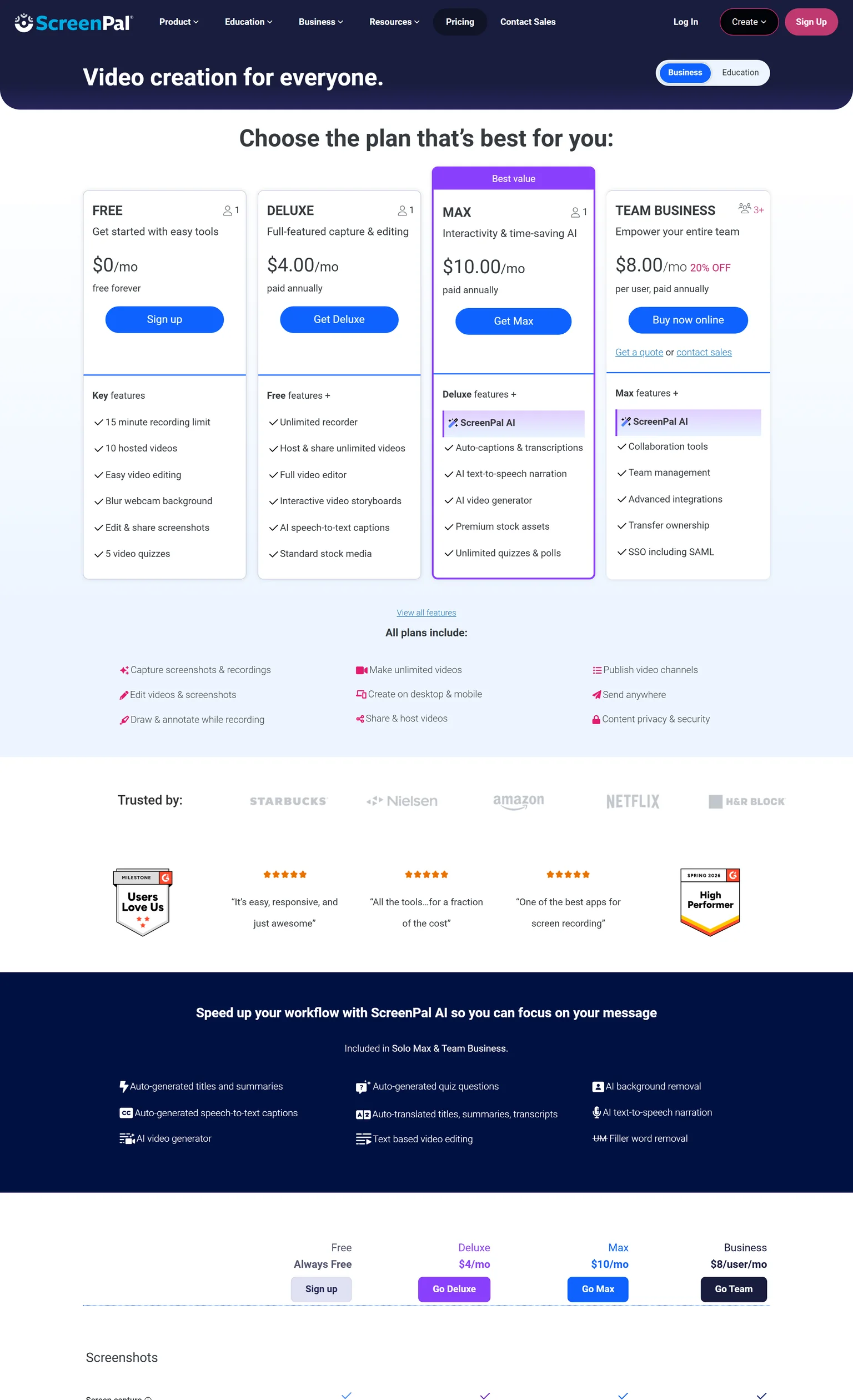 ScreenPal plans page showing the Free, Deluxe, Max and Team Business plans