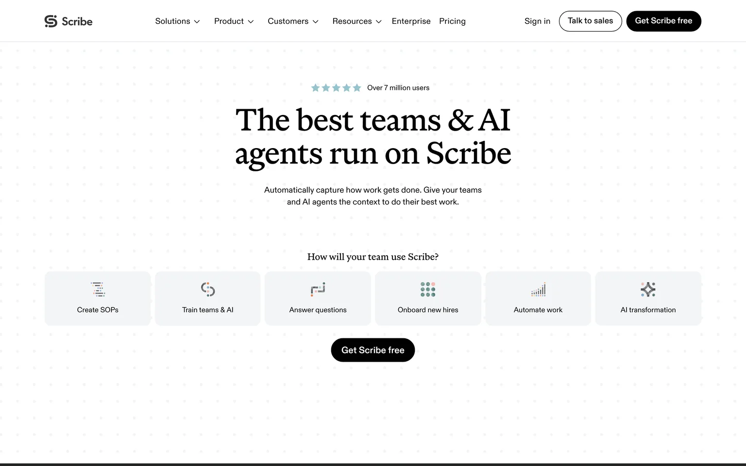 Scribe homepage with the headline The best teams and AI agents run on Scribe