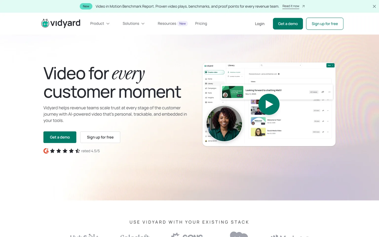Vidyard homepage with the headline Video for every customer moment