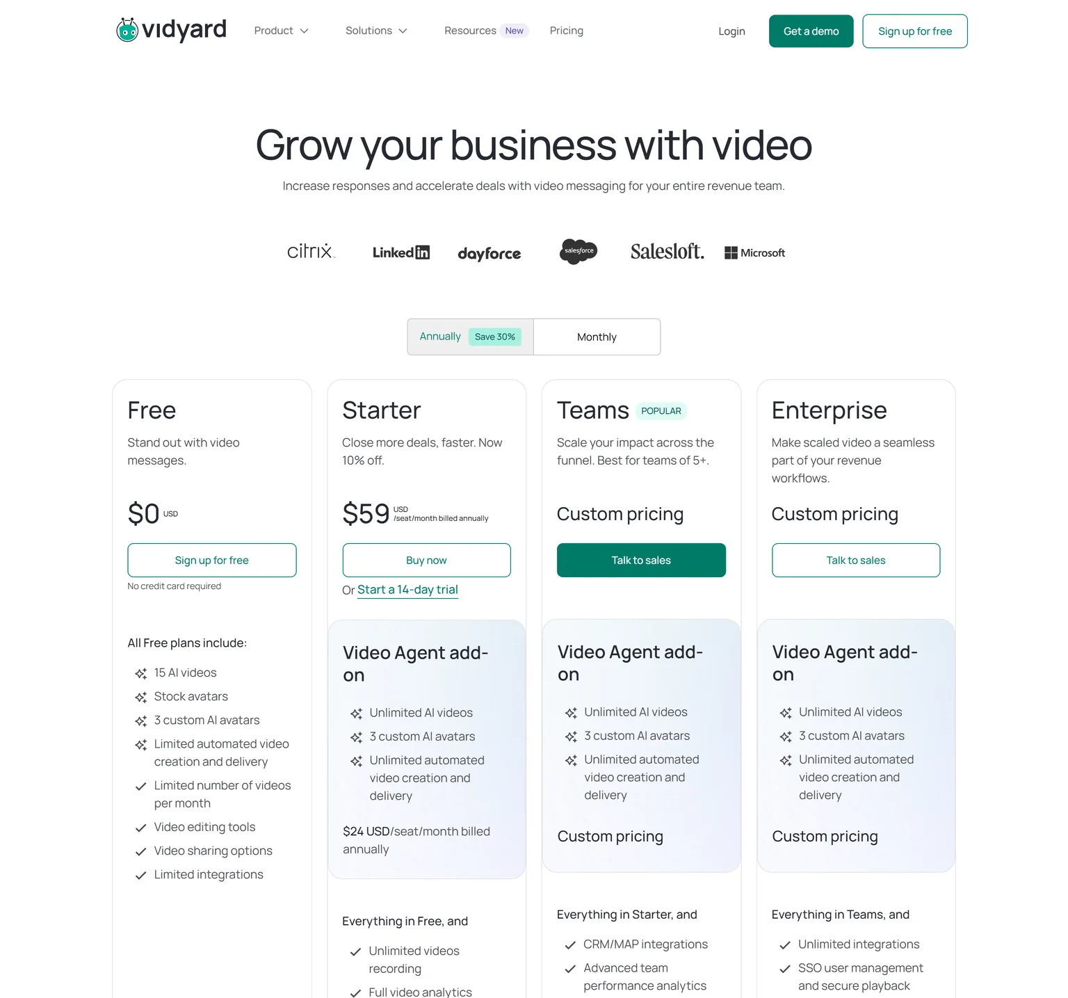 Vidyard pricing page showing the Free, Starter, Teams and Enterprise plans with annual billing selected