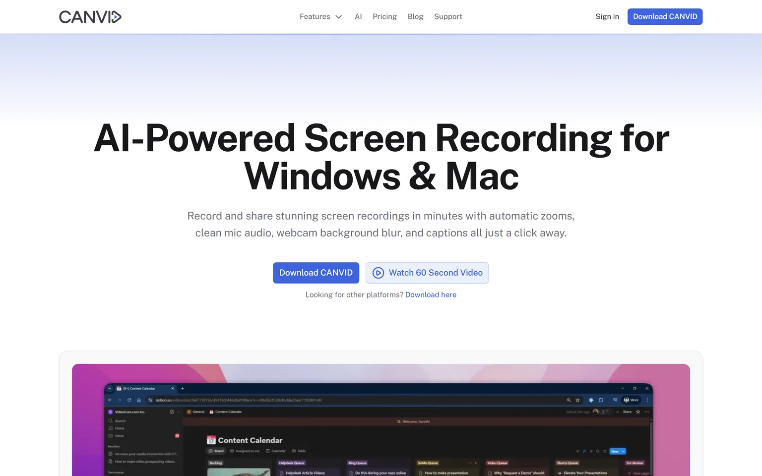 Canvid homepage with the headline AI-Powered Screen Recording for Windows and Mac