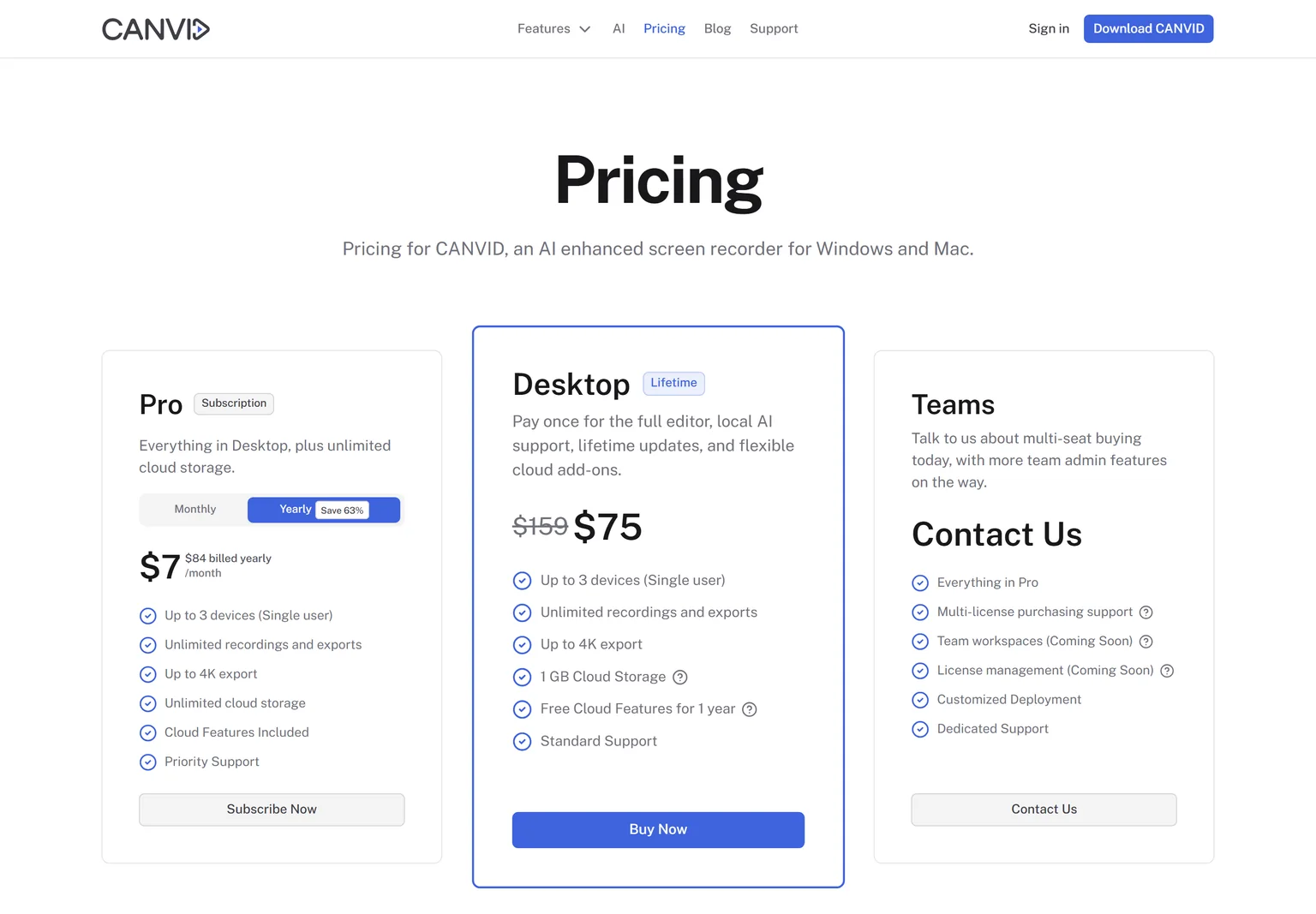 Canvid pricing page showing the Pro, Desktop and Teams plans