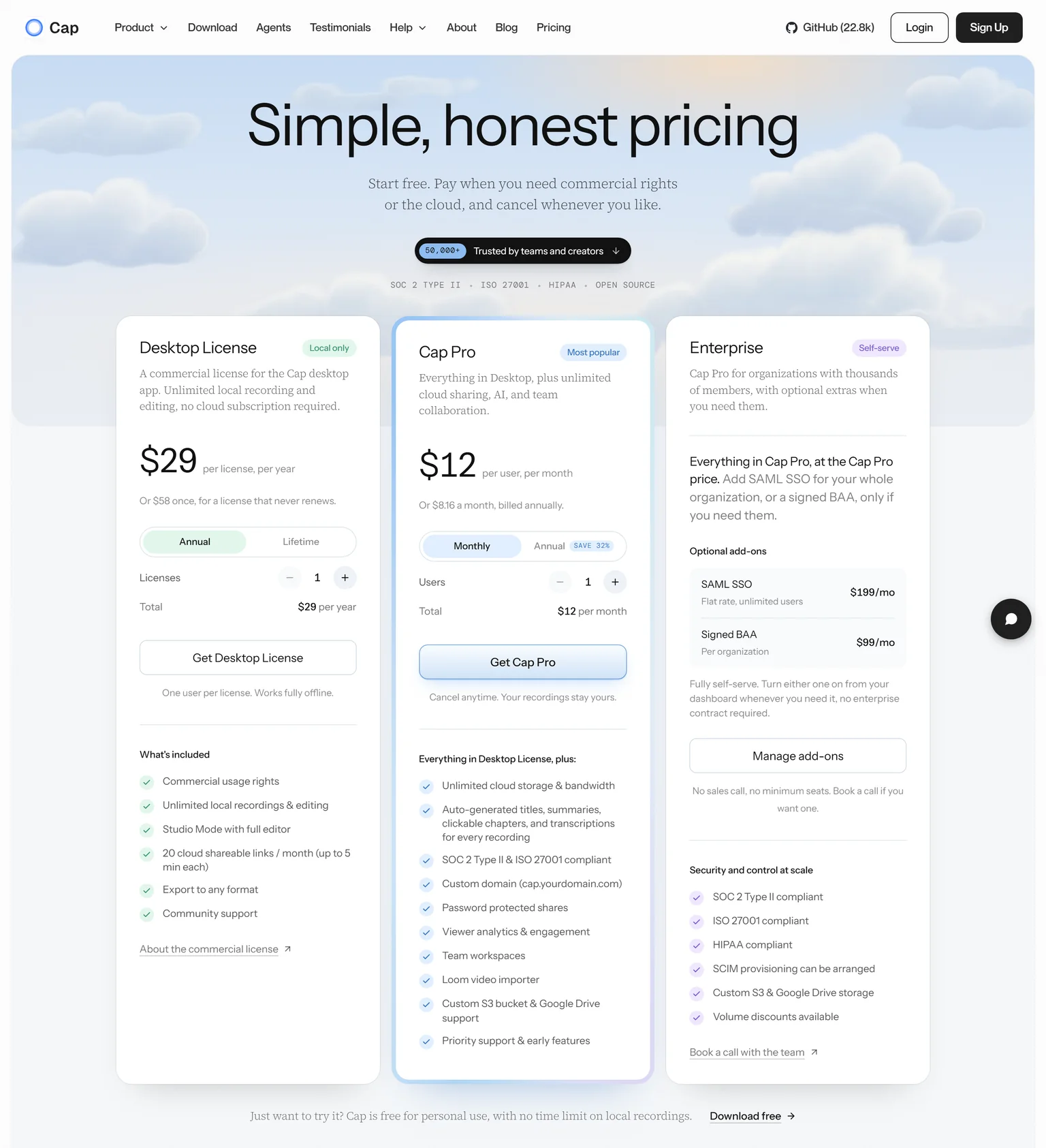 Cap pricing page showing the Desktop License, Cap Pro and Enterprise plans