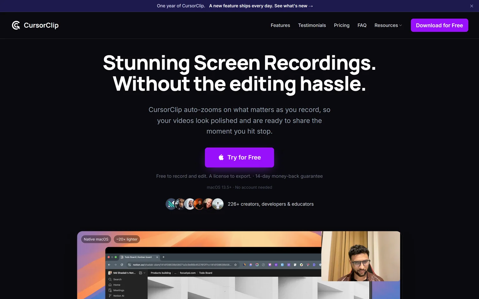 CursorClip homepage with the headline Stunning Screen Recordings. Without the editing hassle