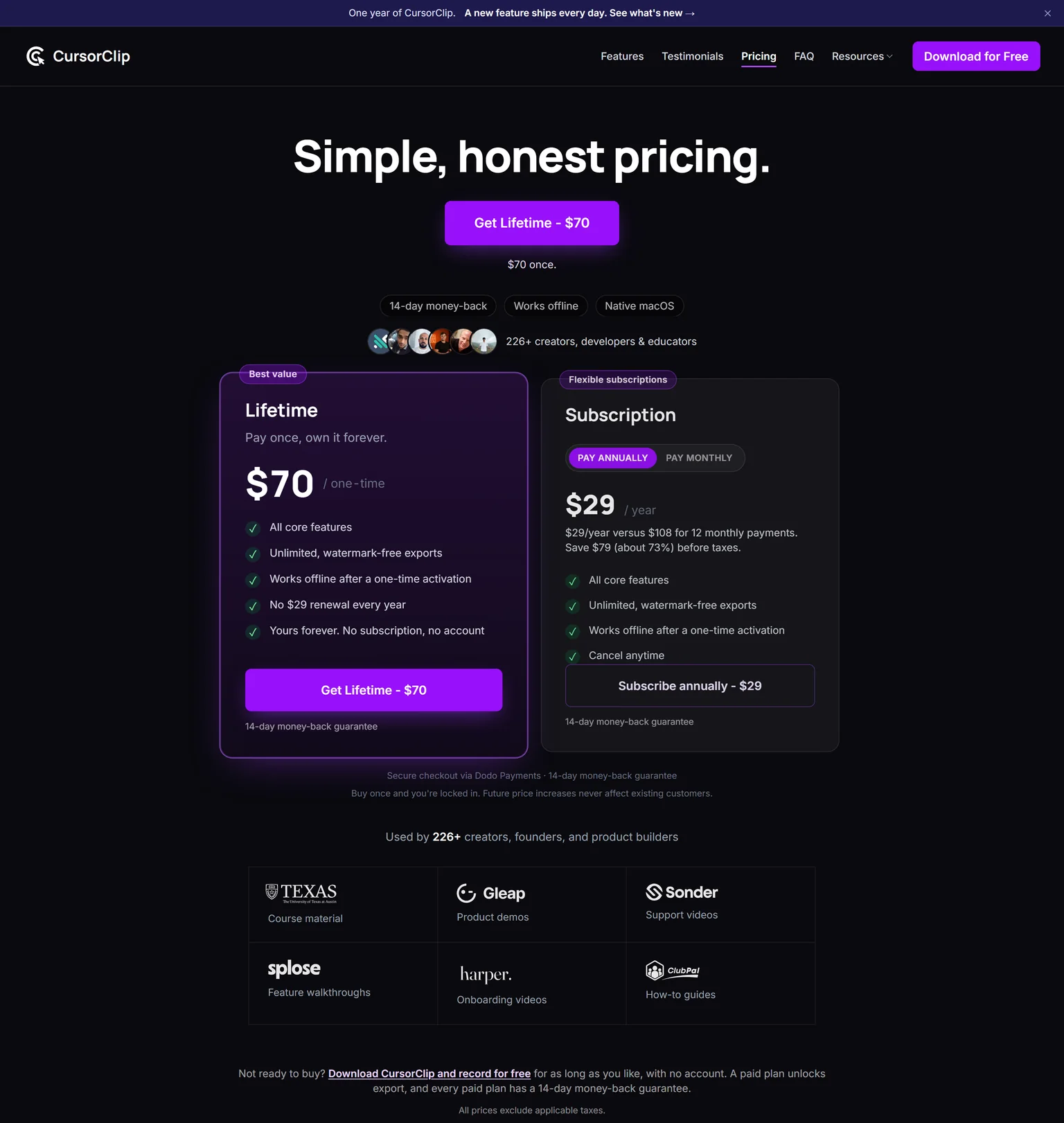 CursorClip pricing page showing the Lifetime and Subscription plans