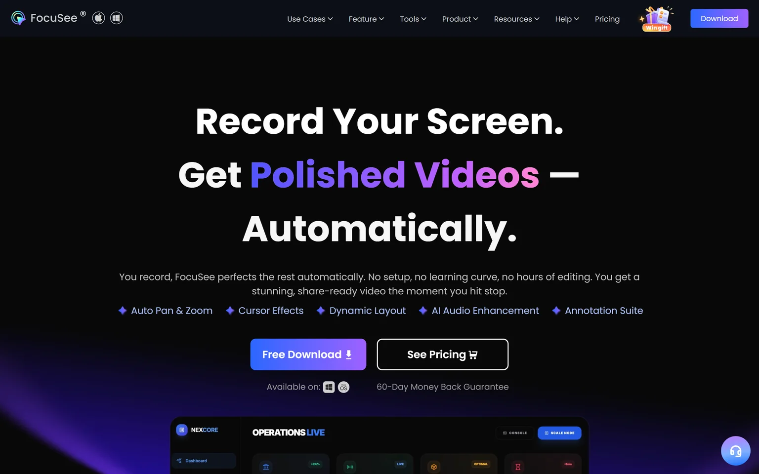 FocuSee homepage with the headline Record Your Screen. Get Polished Videos Automatically